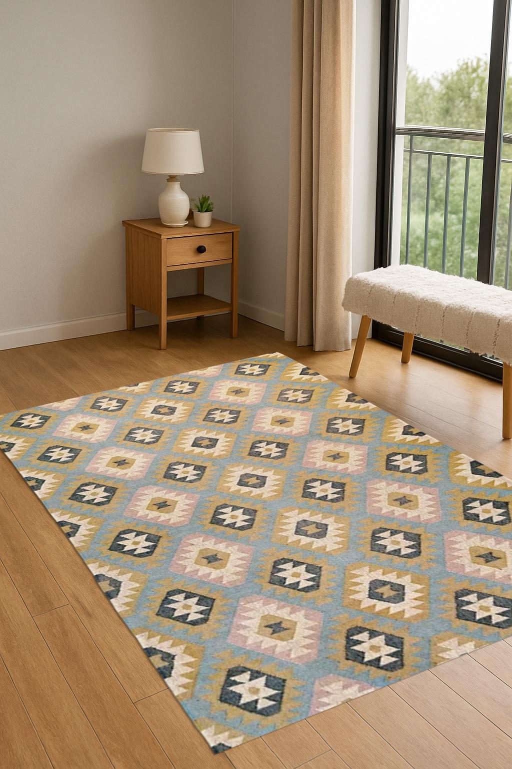 Traditional Kilim Rug for Bedroom | Geometric Design Rug | Colorful Kilim Dhurrie Rug | Kilim Rug for Bedroom | Kitchen | Living Area