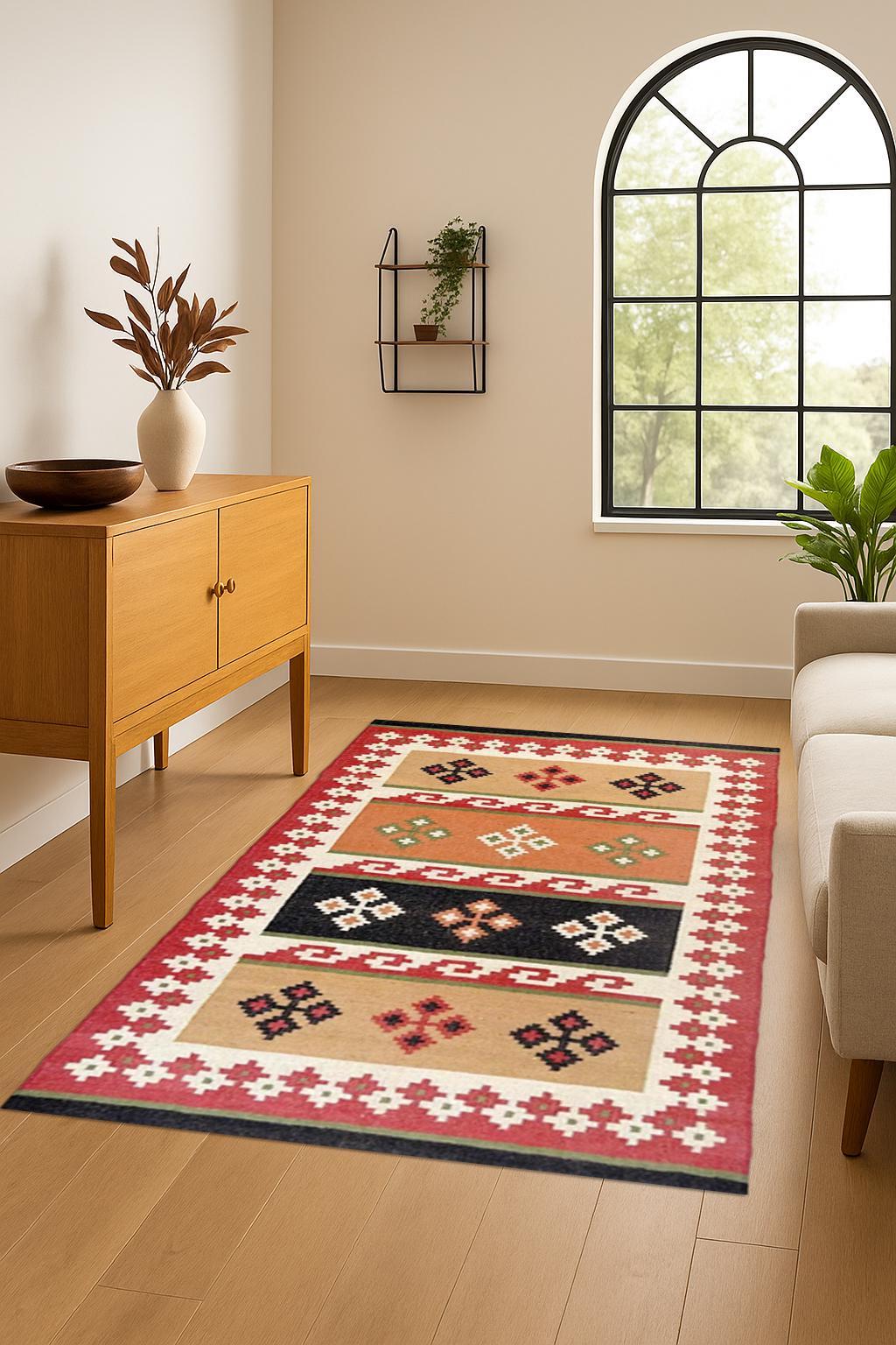Boho Kilim Jute Rug | Handwoven Natural Fiber Rug | Neutral Farmhouse Area Carpet | Vintage-Style Kilim Jute Rug | Rustic Handwoven Carpet