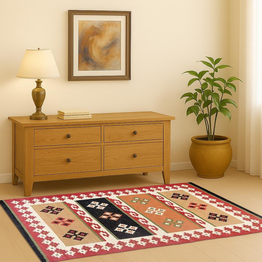 Boho Kilim Jute Rug | Handwoven Natural Fiber Rug | Neutral Farmhouse Area Carpet | Vintage-Style Kilim Jute Rug | Rustic Handwoven Carpet