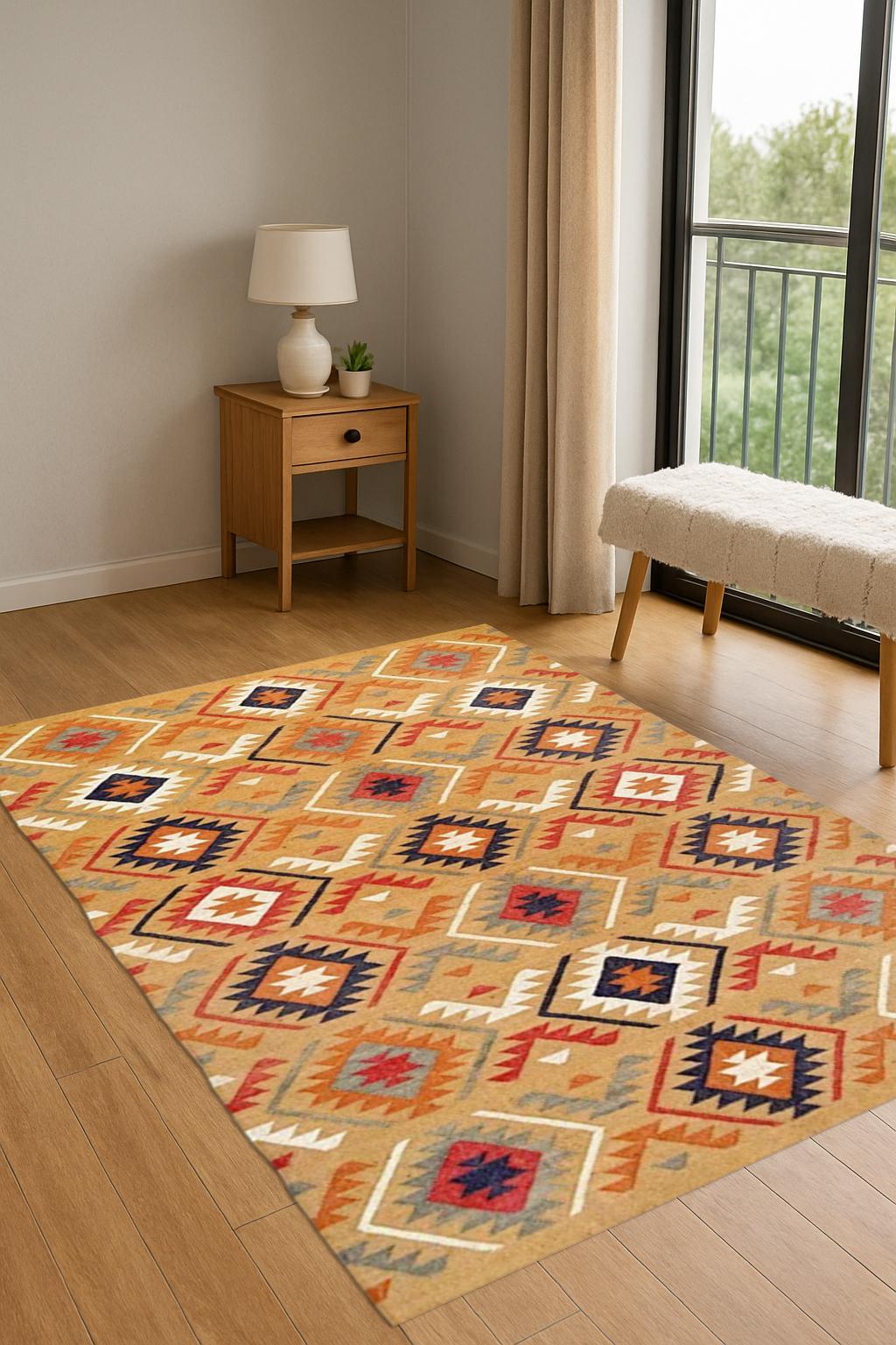 Kilim Jute Handmade Bohemian Area Rug | Natural Fiber Carpet |Woven Neutral Home Decor | Vintage Style Kilim Jute Rug | Rustic Handwoven