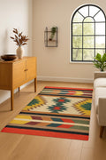 Southwestern Wool Jute Kilim Rug, Handwoven Tribal Runner Rug, Boho Flatweave Area Rug, Ethnic Geometric Decor, Living Room Handmade Rug