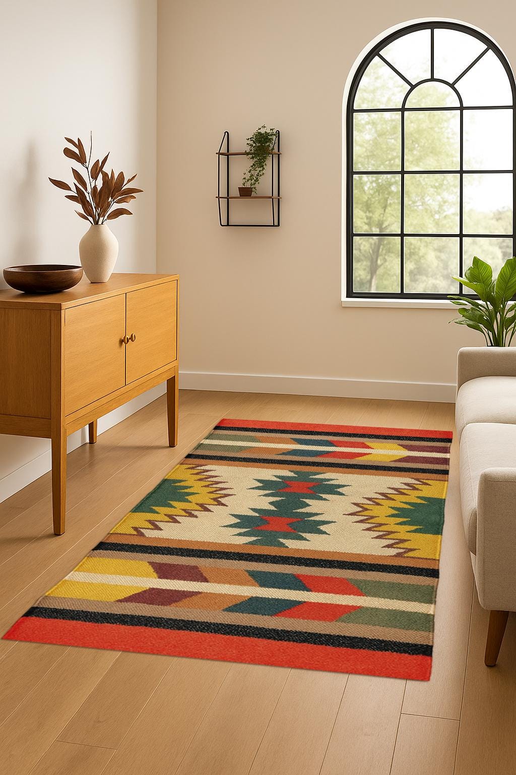 Southwestern Wool Jute Kilim Rug, Handwoven Tribal Runner Rug, Boho Flatweave Area Rug, Ethnic Geometric Decor, Living Room Handmade Rug