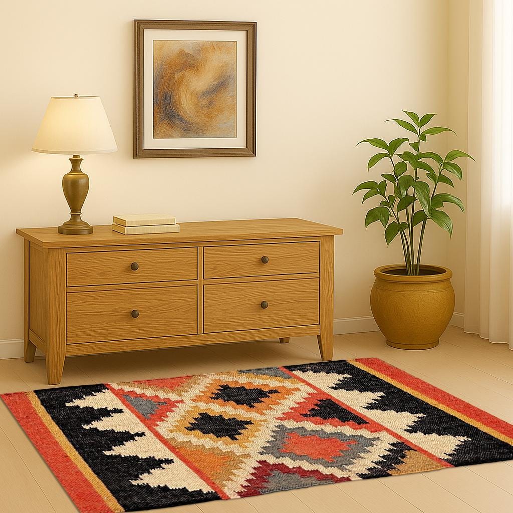 Jute Kilim Rug Boho Natural Area Rug, Flatweave Tribal Carpet, Eco-Friendly Farmhouse Decor, Rustic Woven Floor Mat- Home Decor