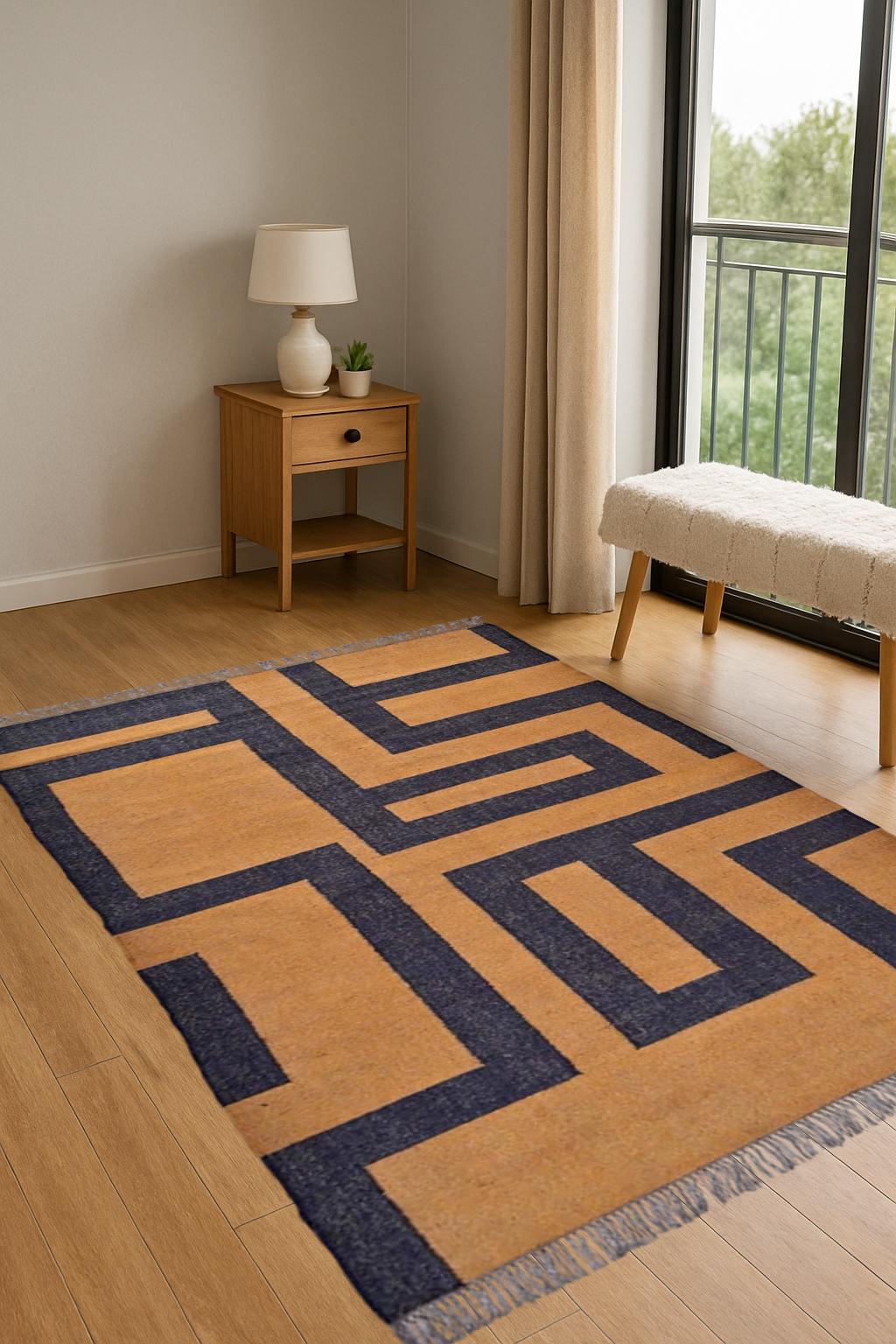 Handcrafted Wool Kilim Rug | Geometric Shape Custom Durrie Swedish Scandinavian Designer Handmade Flatweave Rug for Living Room | Home Decor