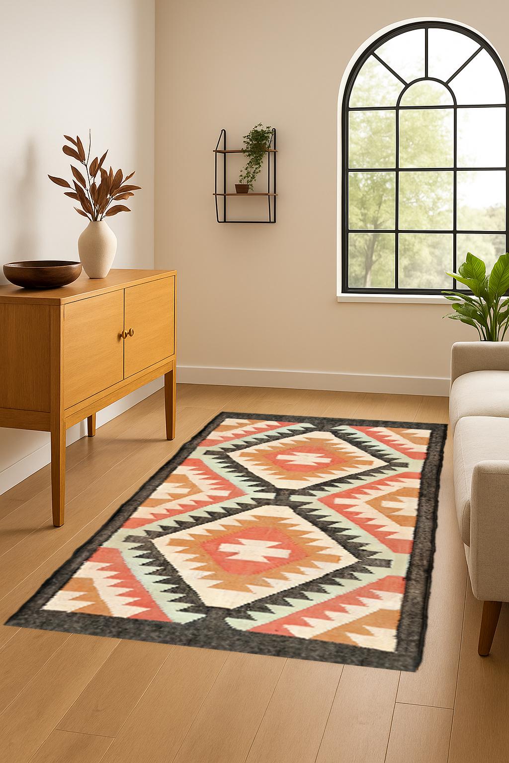 Handwoven Wool Jute Kilim Rug | Sustainable Natural Fiber Flatweave | Boho Farmhouse Hallway Carpet | Eco-Friendly Dhurrie For Decor
