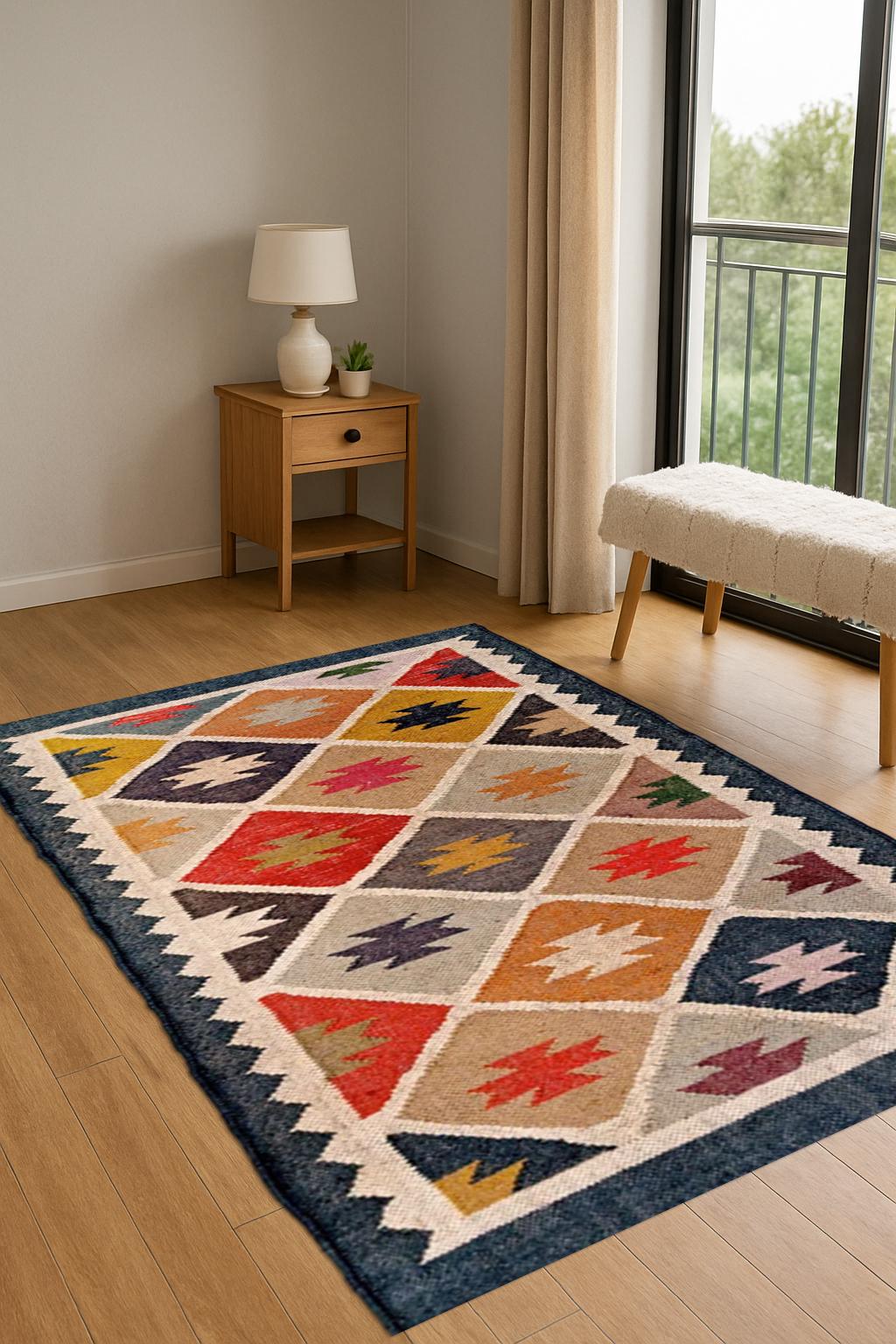Vintage-Inspired Jute Kilim Rug | Handcrafted Tribal Design Rug for Bohemian or Rustic Home Decor | Floor Kilim Rug for Bedroom | Kilim Rug