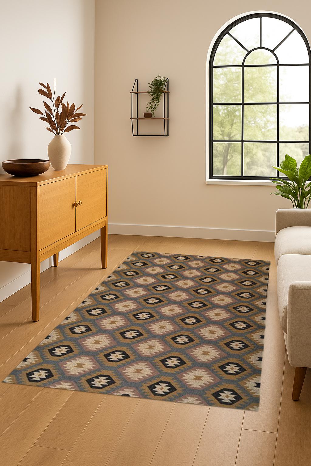 Eco-Friendly Jute Kilim Rug | Durable Handmade Flatweave Rug with Geometric Patterns for Home Decor | Multicolor Jute Kilim Rug
