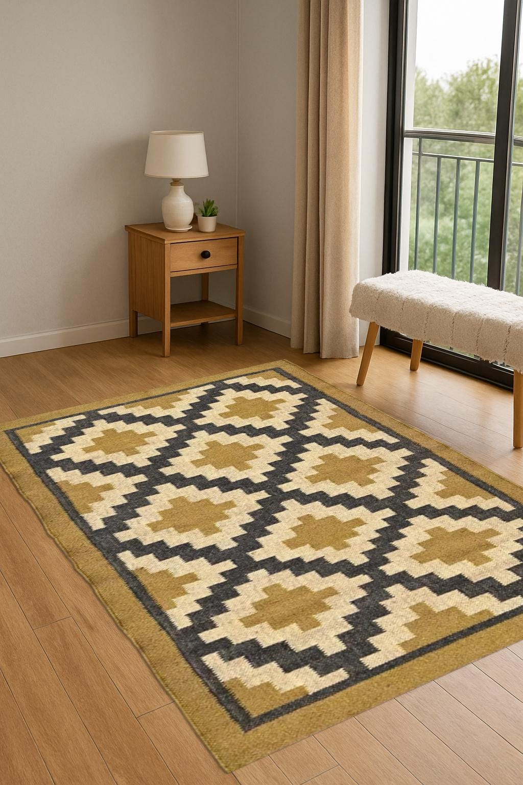 Geometric Wool Jute Traditional Rug | Handmade Vintage Rug | Geometric Pattern Jute Rug | Handwoven Rug for Living Room | Bedroom Decor Rug