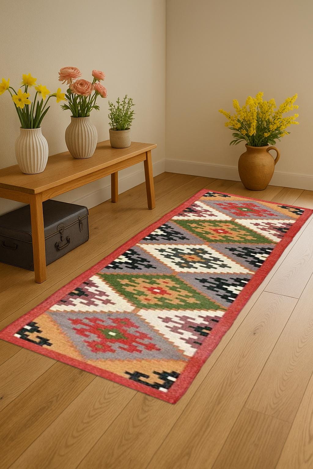 Natural Fiber Kilim Wool Jute Runner | Wool Jute Kilim Runner | Rustic Handwoven Kilim Wool Jute Runner Rug | Handmade Flat weave Carpet