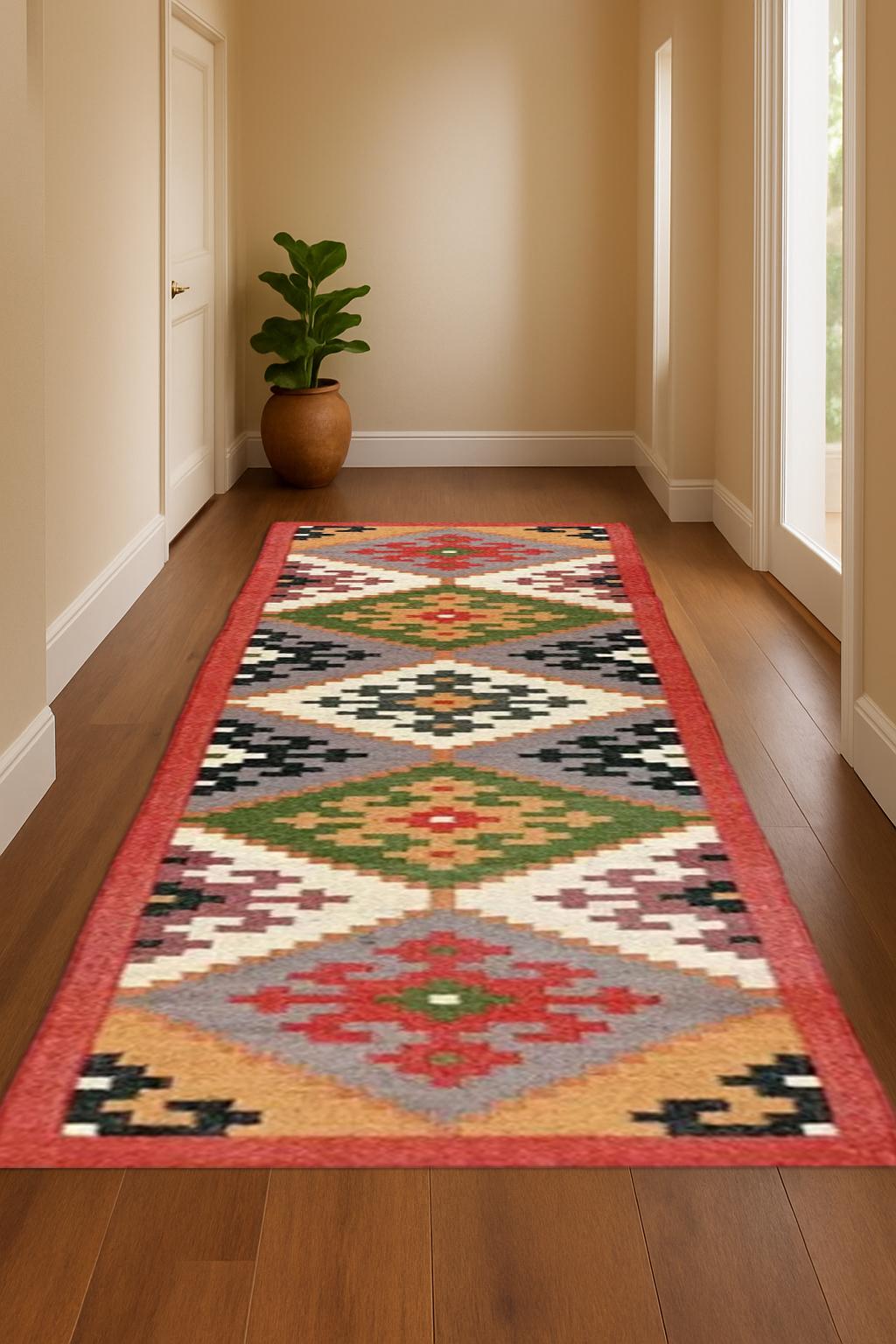 Natural Fiber Kilim Wool Jute Runner | Wool Jute Kilim Runner | Rustic Handwoven Kilim Wool Jute Runner Rug | Handmade Flat weave Carpet
