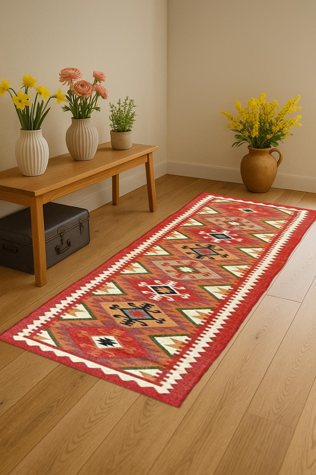 Handmade Wool Jute Kilim Runner Rug for Living Room | Boho Flat weave Dhurrie Carpet | Artisan Wool-Jute Kilim Runner | Handmade Boho Rug