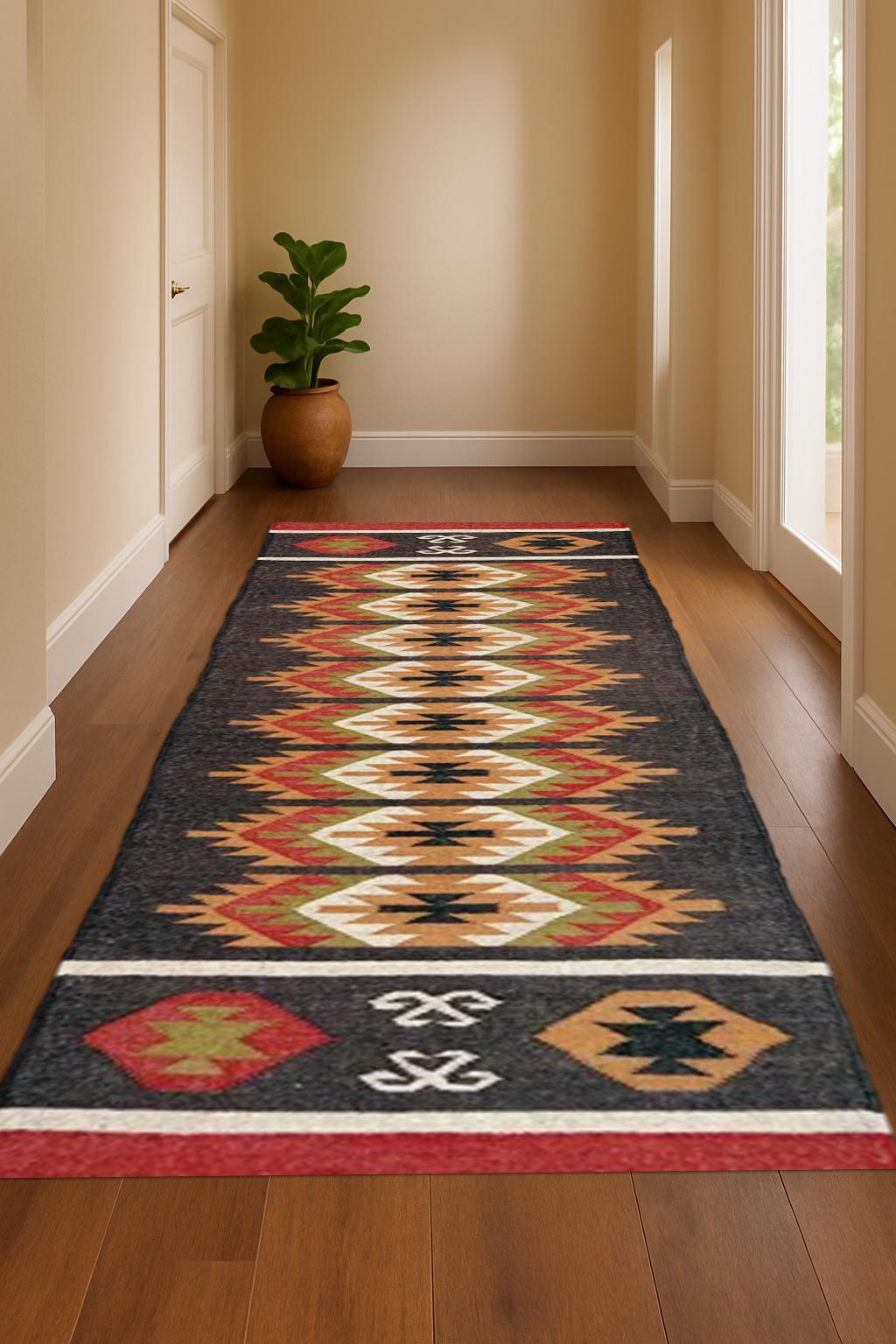 Boho Kilim Wool Jute Runner Rug | Handwoven Multicolor Flatweave | Tribal Pattern Hallway Carpet | Vintage Ethnic Dhurrie Rug