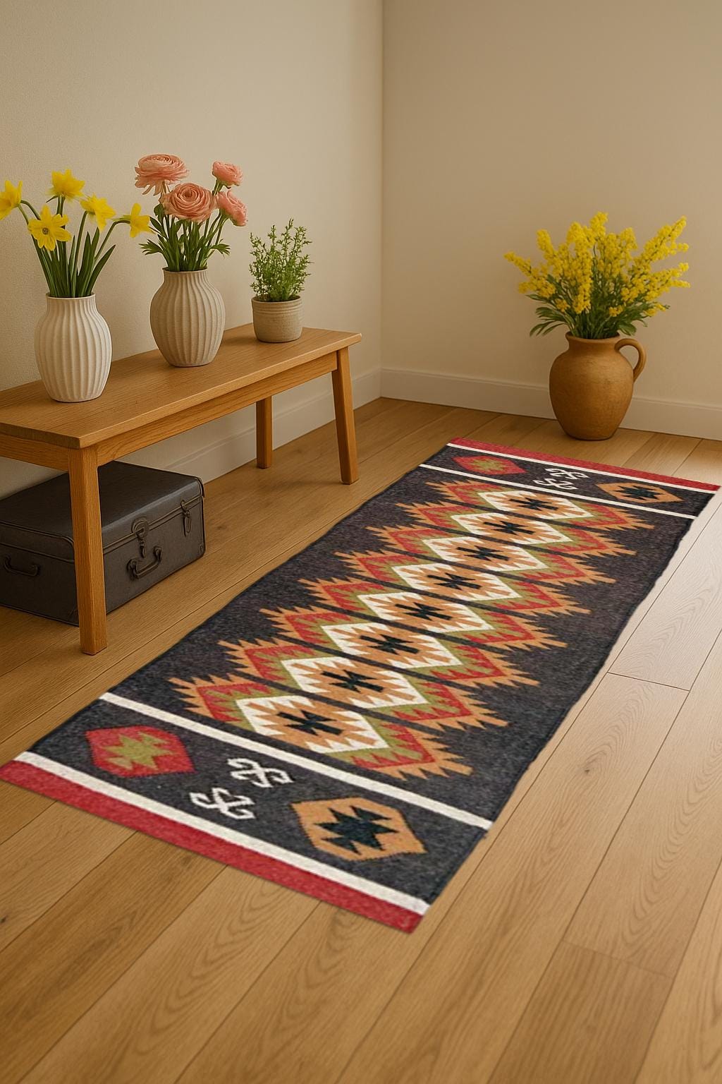 Boho Kilim Wool Jute Runner Rug | Handwoven Multicolor Flatweave | Tribal Pattern Hallway Carpet | Vintage Ethnic Dhurrie Rug
