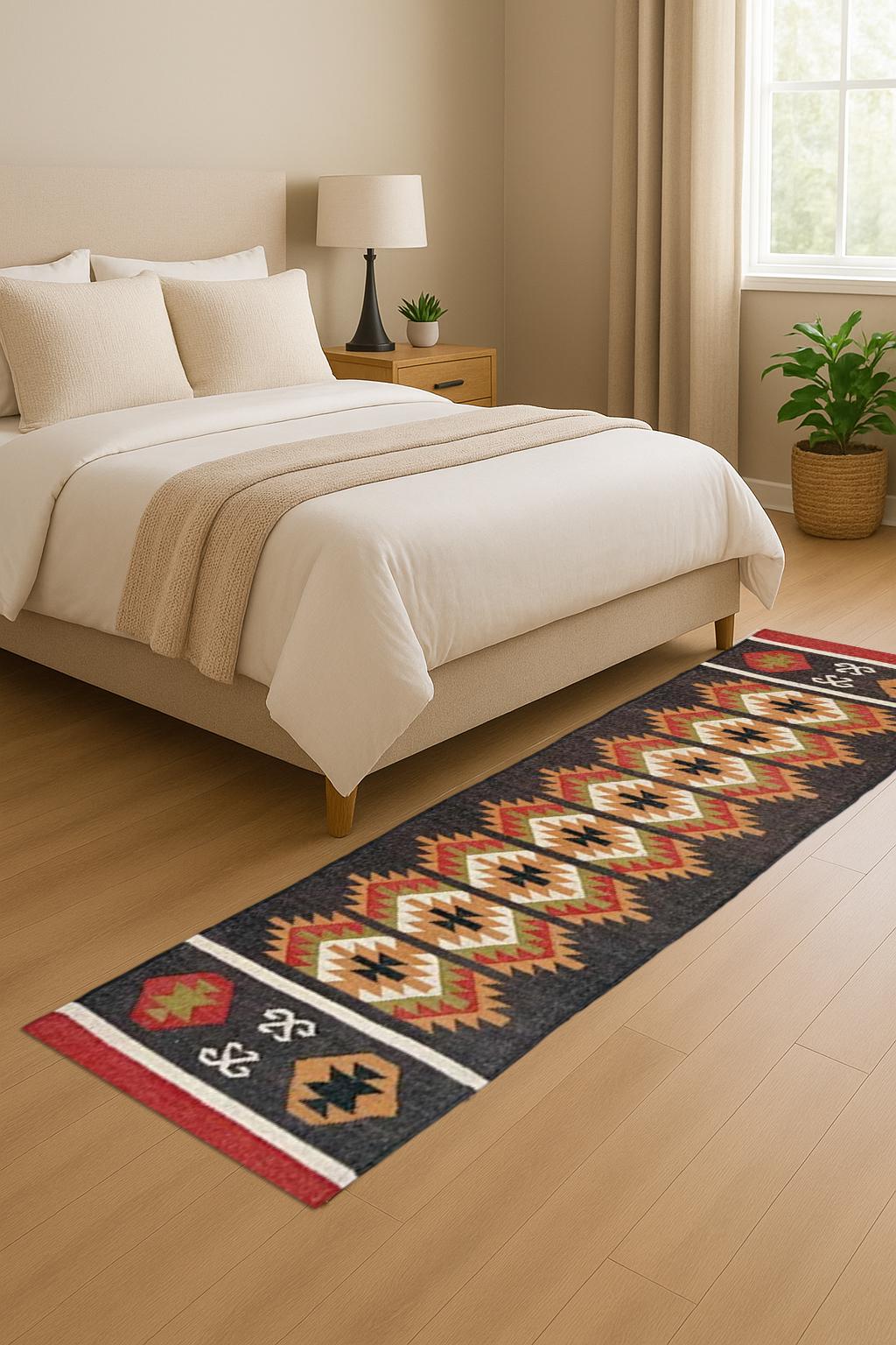 Boho Kilim Wool Jute Runner Rug | Handwoven Multicolor Flatweave | Tribal Pattern Hallway Carpet | Vintage Ethnic Dhurrie Rug