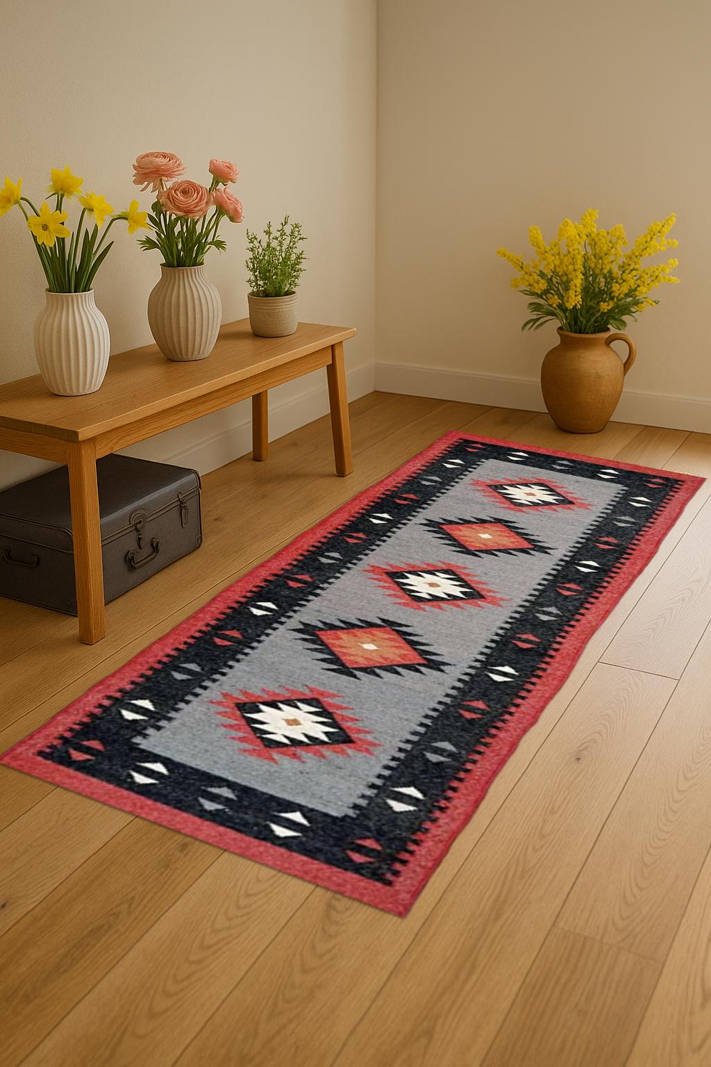 Handmade Wool & Jute Kilim Runner Rug – Bohemian Flatweave Carpet for Living Room | Indian Handcrafted Wool and Jute Kilim Runner