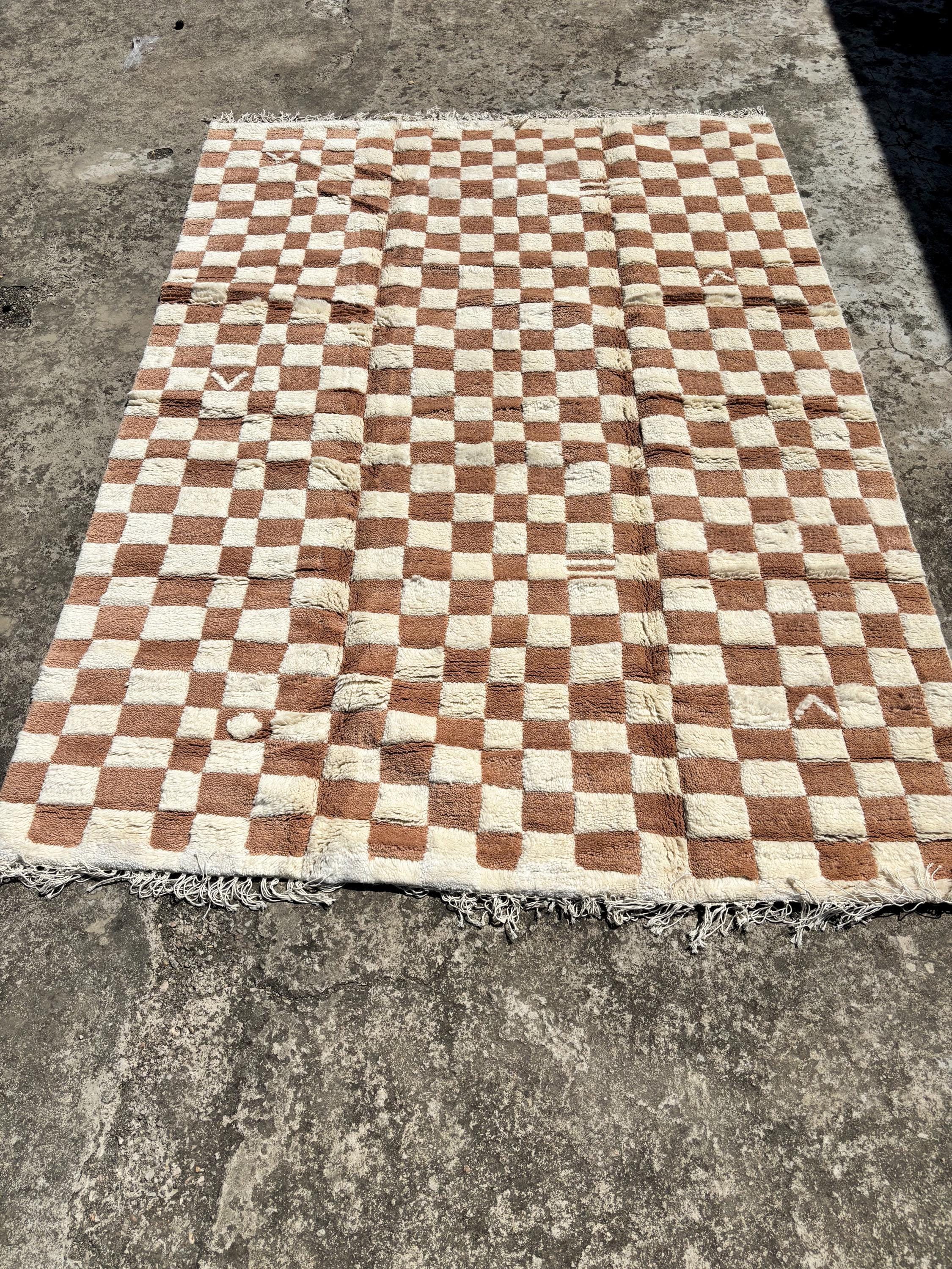 Checkered Brown rug, Handmade custom rug, Brown and Beige rug, Moroccan Rug, handmade rug, Orange Checkered Rug, Wool Rug