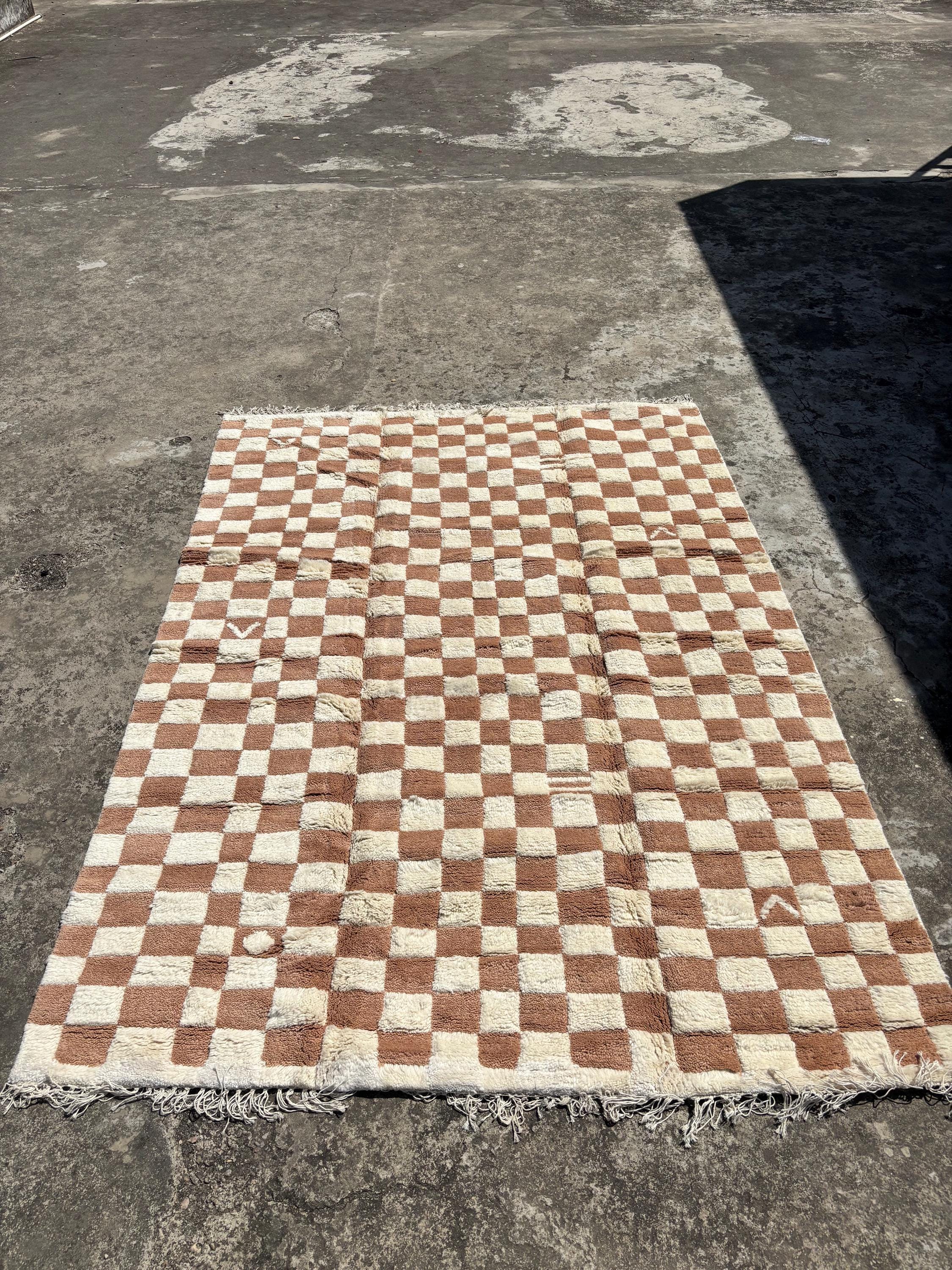 Checkered Brown rug, Handmade custom rug, Brown and Beige rug, Moroccan Rug, handmade rug, Orange Checkered Rug, Wool Rug