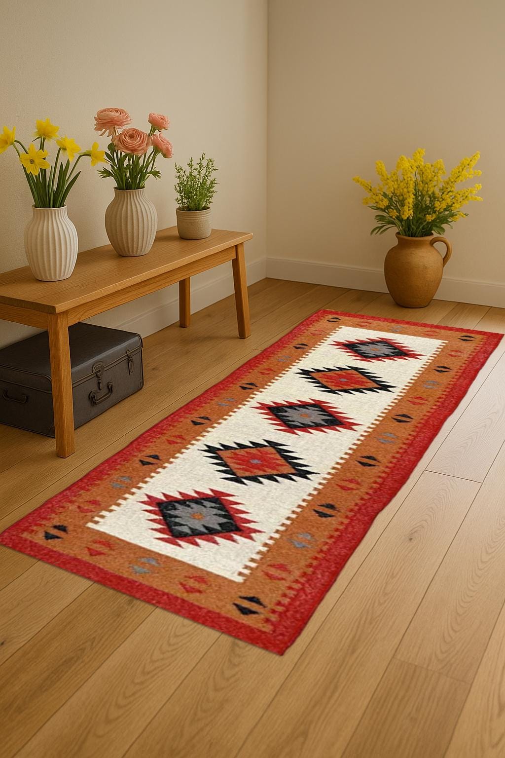 Handwoven Wool Jute Runner Rug | Natural Flatweave Hallway Carpet | Rustic Wool and Jute Runner Rug | Textured Natural Kilim for Home Decor