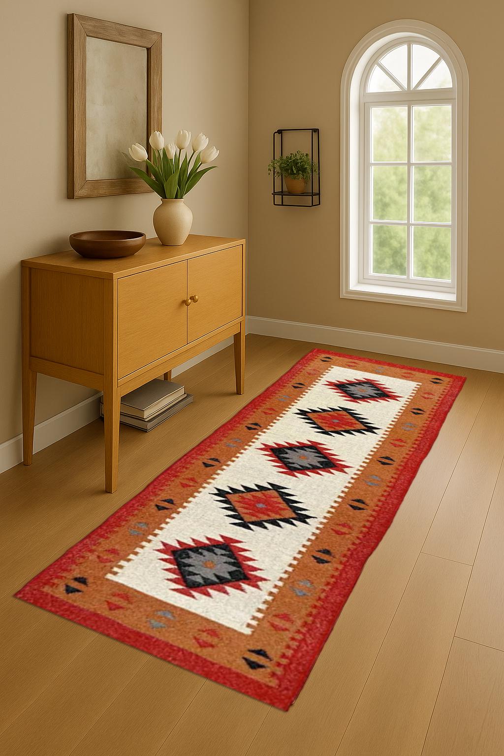 Handwoven Wool Jute Runner Rug | Natural Flatweave Hallway Carpet | Rustic Wool and Jute Runner Rug | Textured Natural Kilim for Home Decor