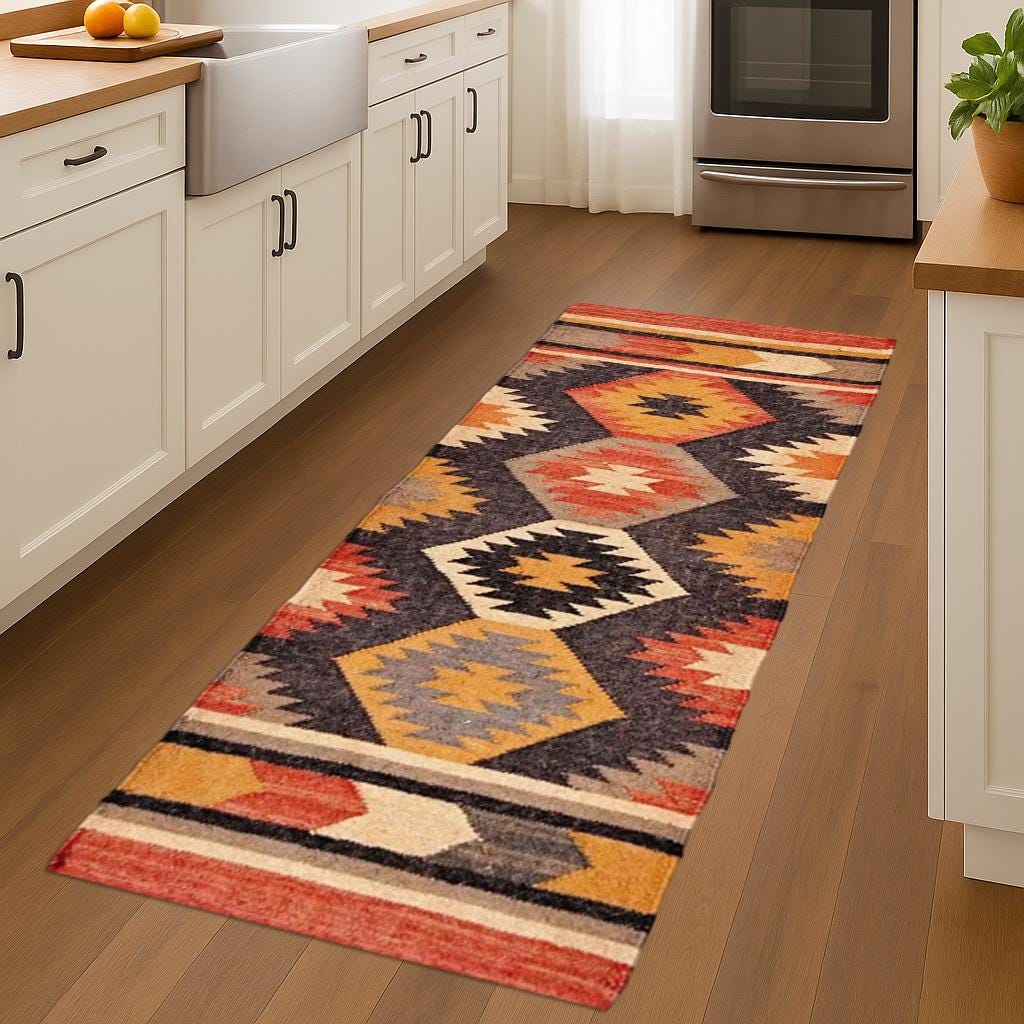 Tribal Wool Jute Runner Kilim Patterned Rug Long Corridor Decor Eco-Friendly Wool Jute Runner Scandinavian Flatweave Rug for Entryway