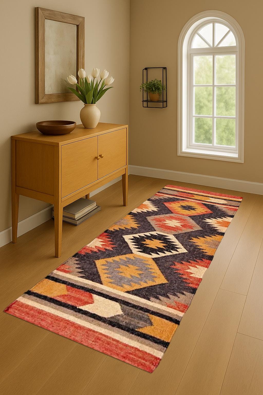 Tribal Wool Jute Runner Kilim Patterned Rug Long Corridor Decor Eco-Friendly Wool Jute Runner Scandinavian Flatweave Rug for Entryway