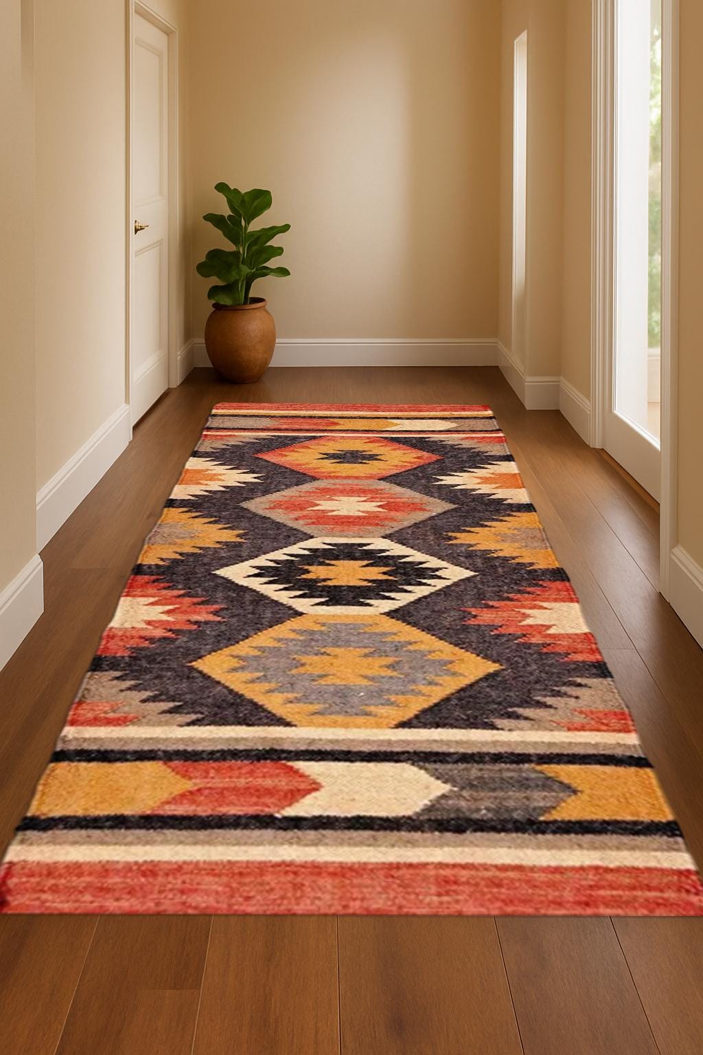 Tribal Wool Jute Runner Kilim Patterned Rug Long Corridor Decor Eco-Friendly Wool Jute Runner Scandinavian Flatweave Rug for Entryway
