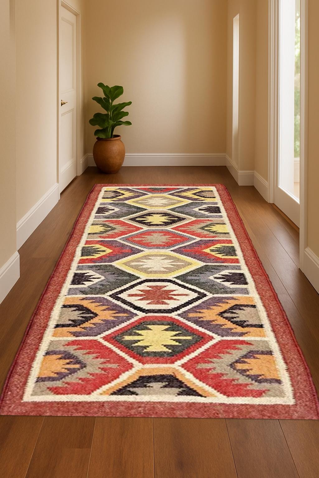 Handmade Wool Jute Rug Runner | Eco Friendly Natural Fiber Rug | Narrow Hallway or Entryway Bohemian Wool Jute Rug Runner