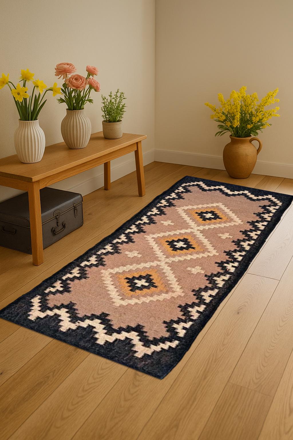 Artisan Wool Jute Runner Rug Eco-Friendly Flatweave Hallway Runner Indian Handwoven Wool Jute Runner Geometric Pattern Runner Rug