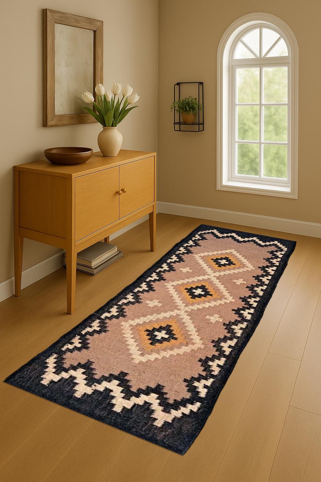 Artisan Wool Jute Runner Rug Eco-Friendly Flatweave Hallway Runner Indian Handwoven Wool Jute Runner Geometric Pattern Runner Rug