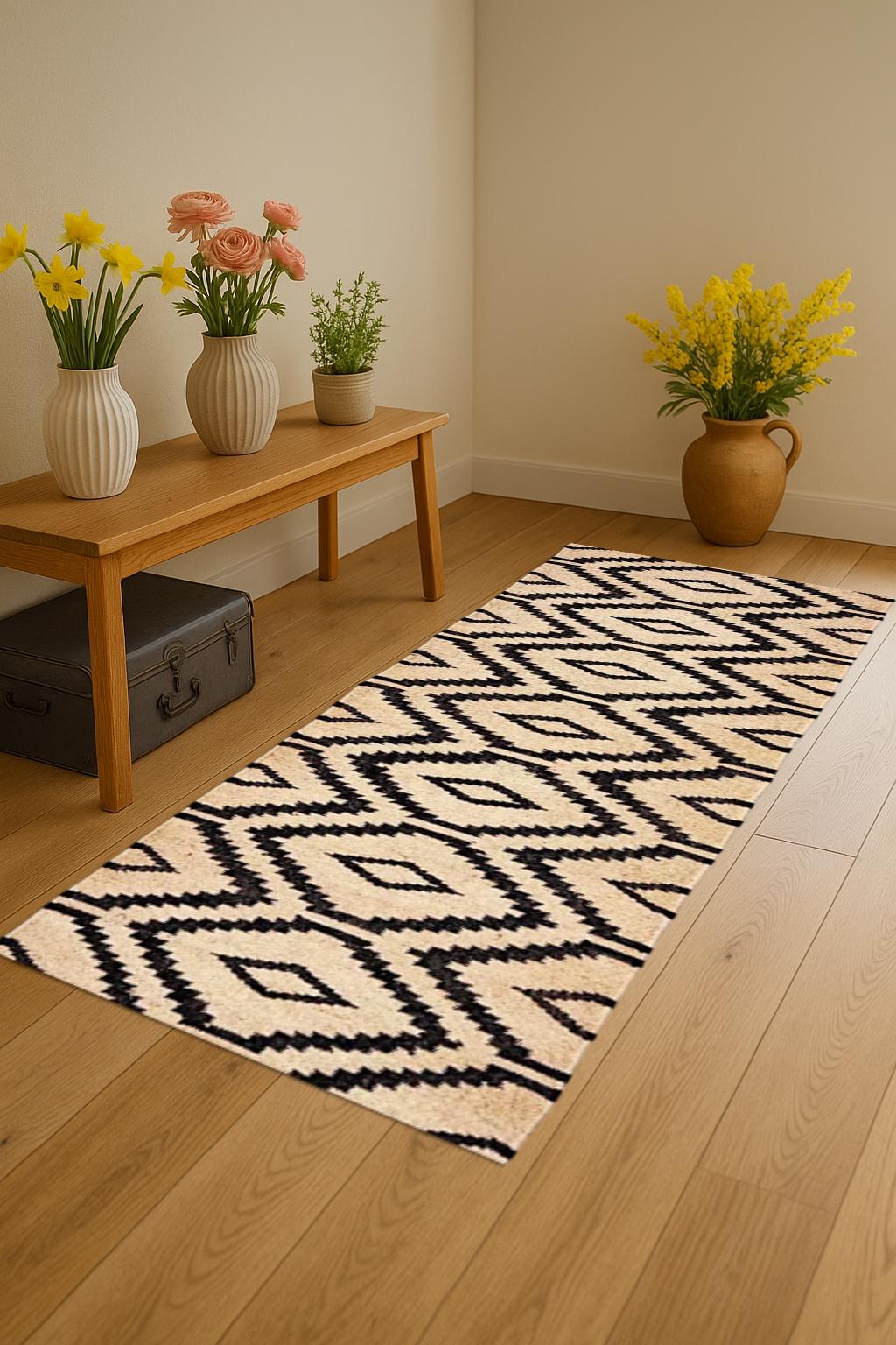 Indian Handmade Wool Jute Runner – Geometric Flatweave Rug – Eco-Friendly Hallway Runner Low Pile Natural Fiber Rug For Home Decor