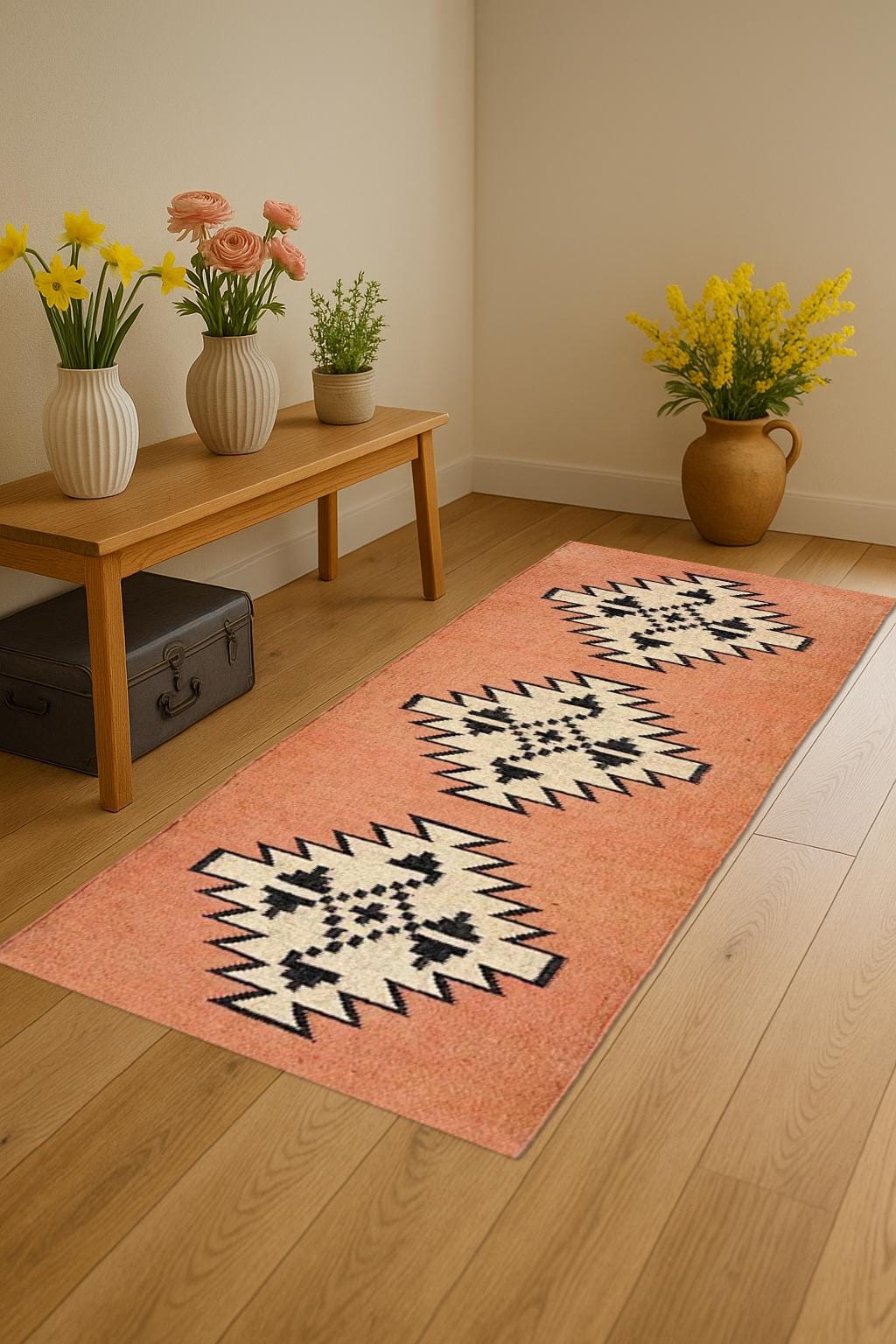 Rustic Handmade Wool Jute Runner – Neutral Farmhouse Carpet Rug, Eco-Friendly Boho Hallway Runner, Long Narrow Rug
