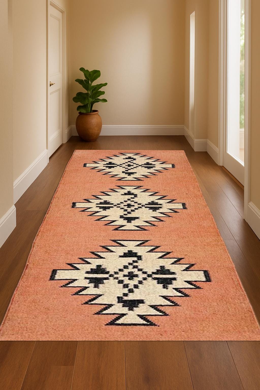 Rustic Handmade Wool Jute Runner – Neutral Farmhouse Carpet Rug, Eco-Friendly Boho Hallway Runner, Long Narrow Rug