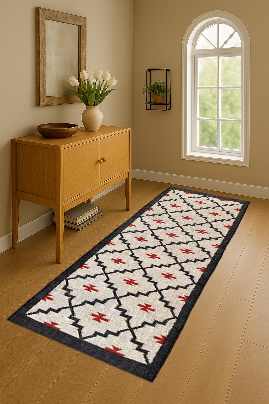 Bohemian Wool Jute Runner Rug – Handmade Farmhouse Hallway Carpet, Rustic Neutral Entryway Rug, Long Narrow Floor Runner