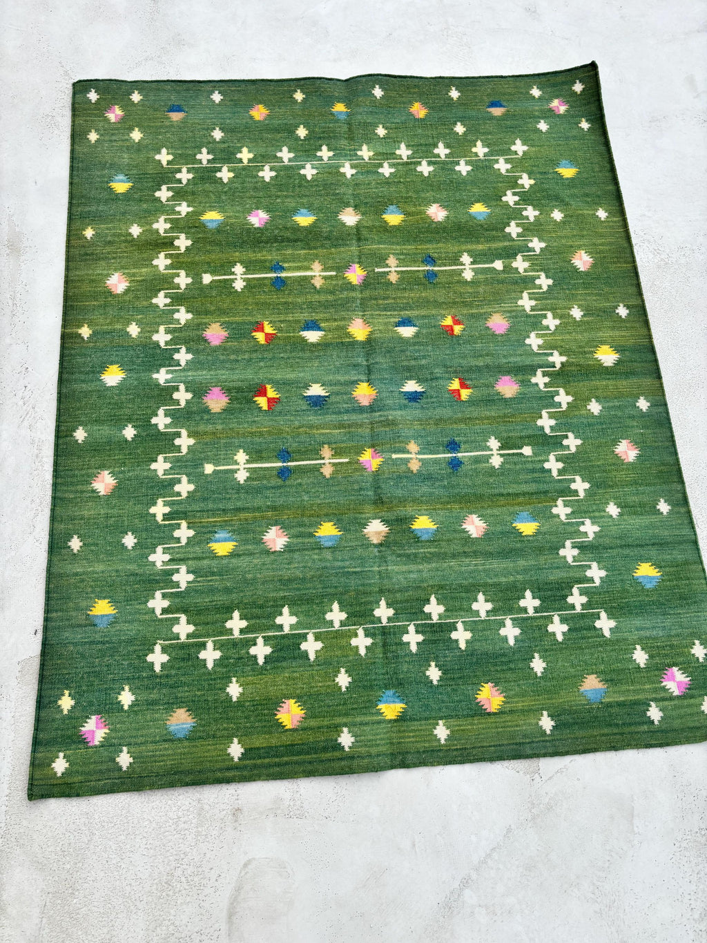 Handmade Cotton Area Flat Weave Rug, Natural Vegetable Dyed, Green And White, Area Rug For Living Room, Bedroom, Home Decor Rug