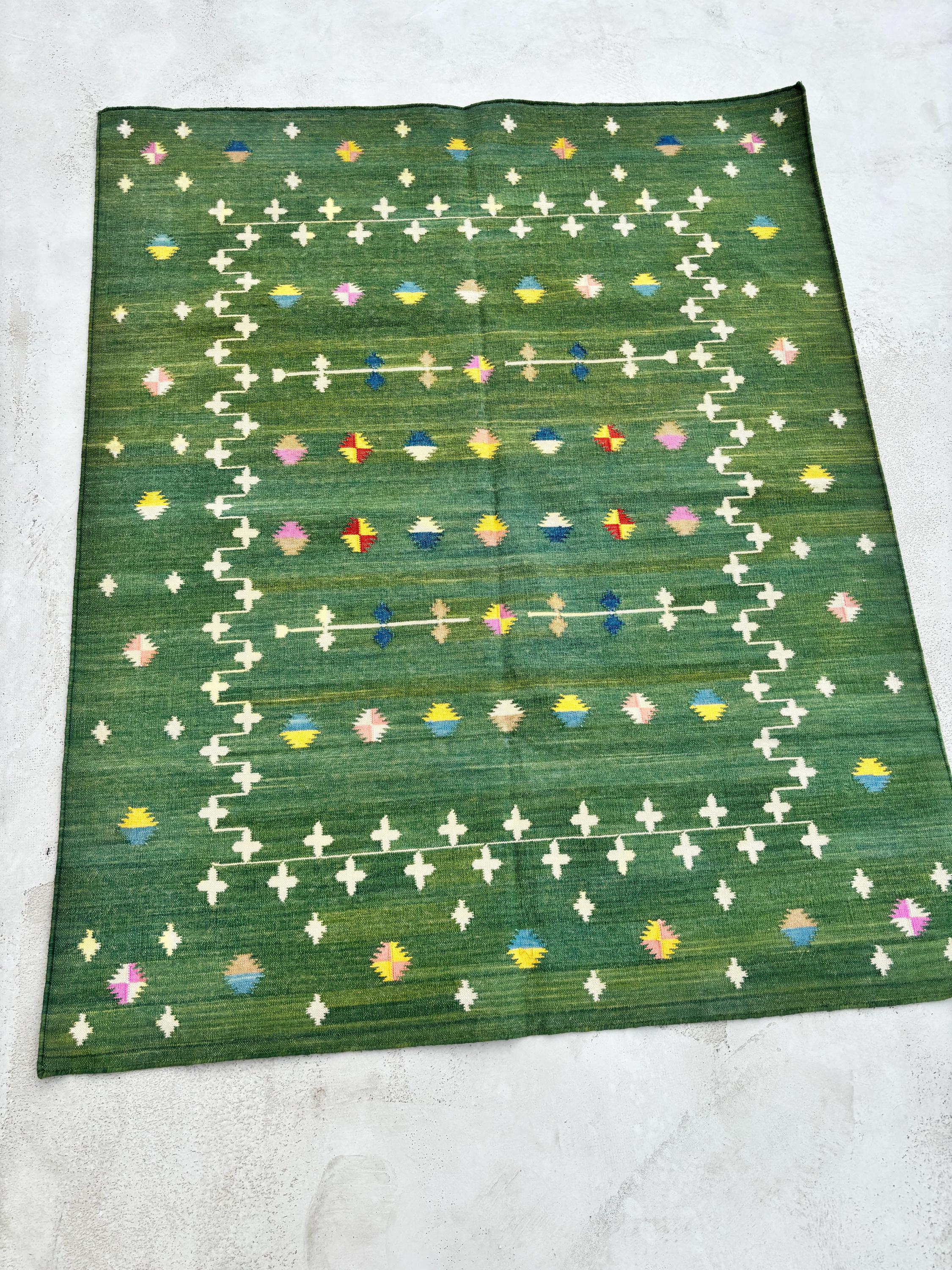 Handmade Cotton Area Flat Weave Rug, Natural Vegetable Dyed, Green And White, Area Rug For Living Room, Bedroom, Home Decor Rug