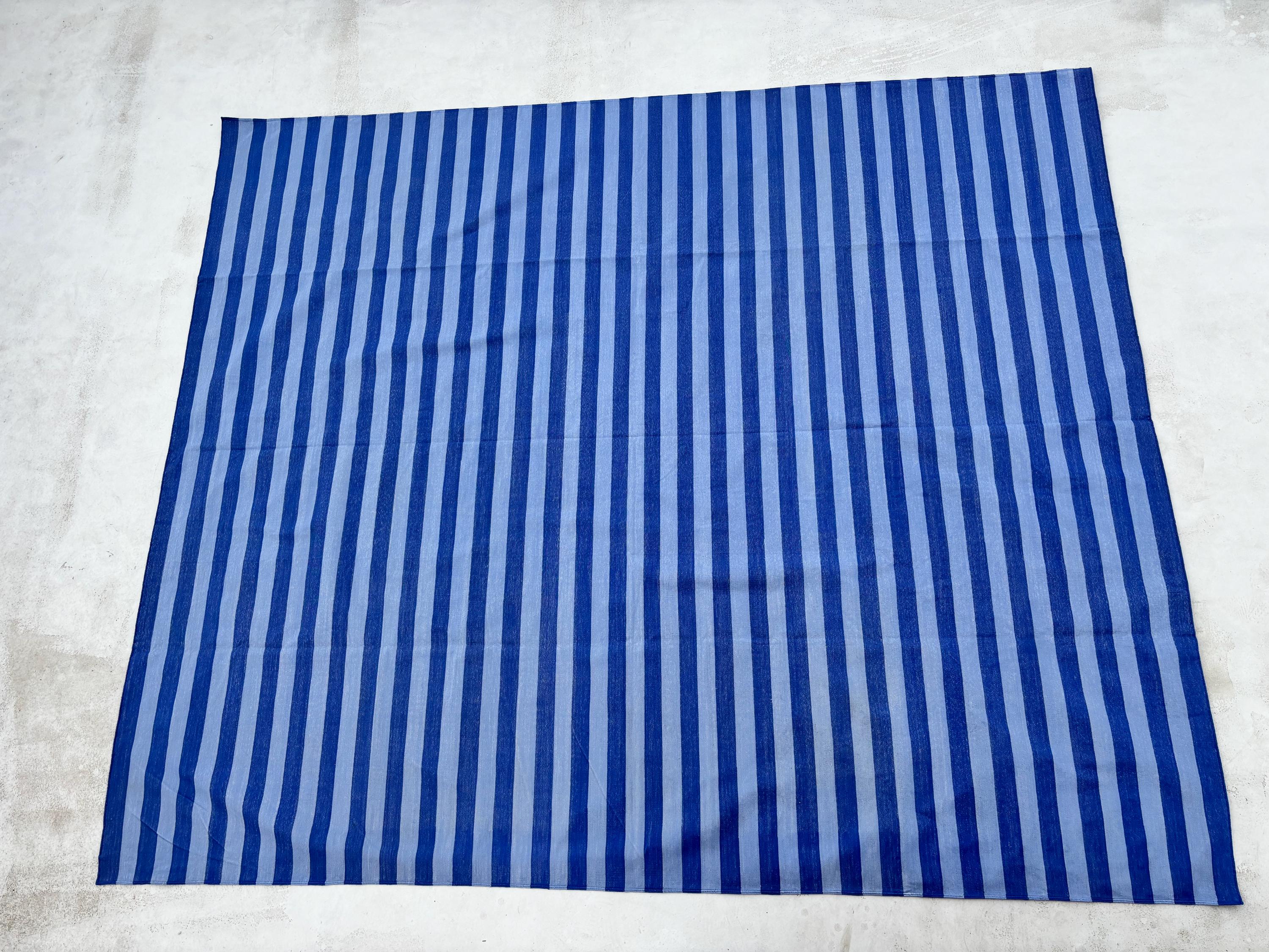 Blue Cotton Handmade Modern stripes Rug, Bedroom Rug, Hallway Floor Rug, Cotton Rug, Cotton Blue Color Rug.