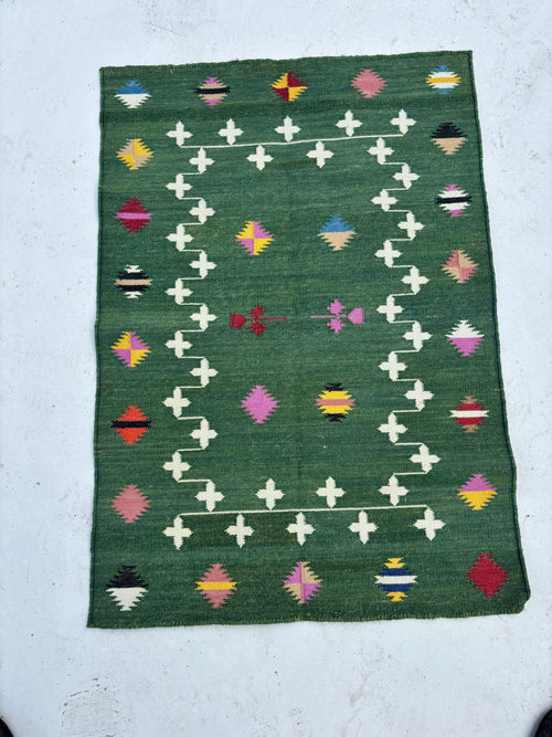 8x10 Ft. Green, Handmade Flat Weave Rug, Custom Size Area Dhurrie, Home & Living Room, Bedroom, Home Decor Rug, Wool Reversible Rug