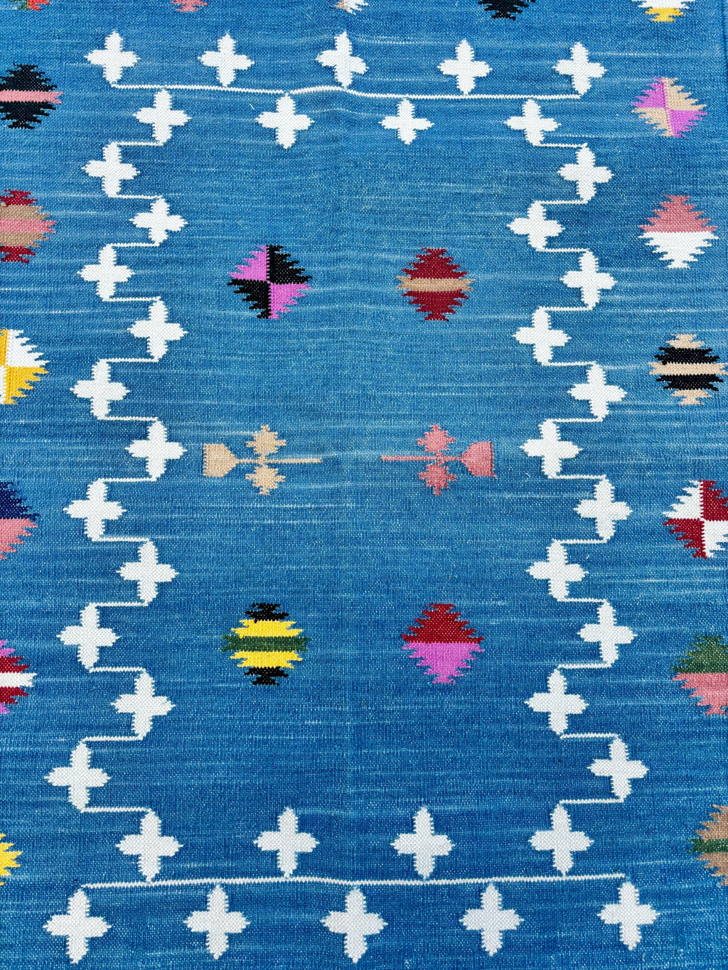 Blue and White Shooting Star Handmade Cotton Area Flat Weave Rug, Hallway Floor Rug, Cotton Rug, Cotton Blue Color Rug.