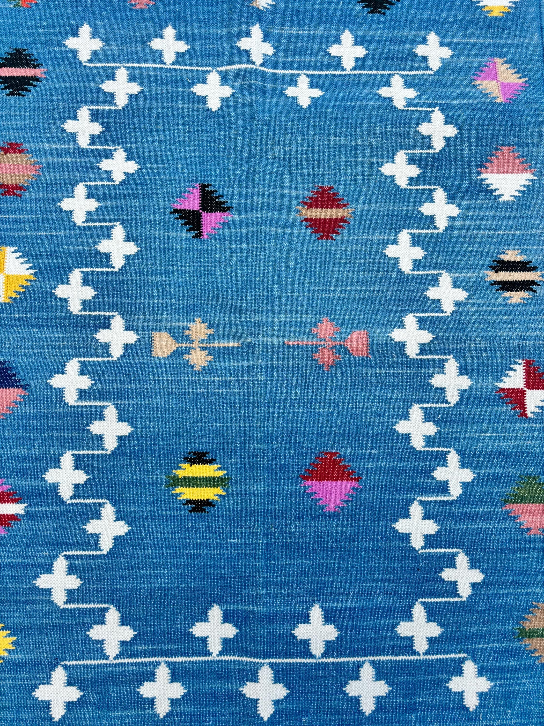Blue and White Shooting Star Handmade Cotton Area Flat Weave Rug, Hallway Floor Rug, Cotton Rug, Cotton Blue Color Rug.
