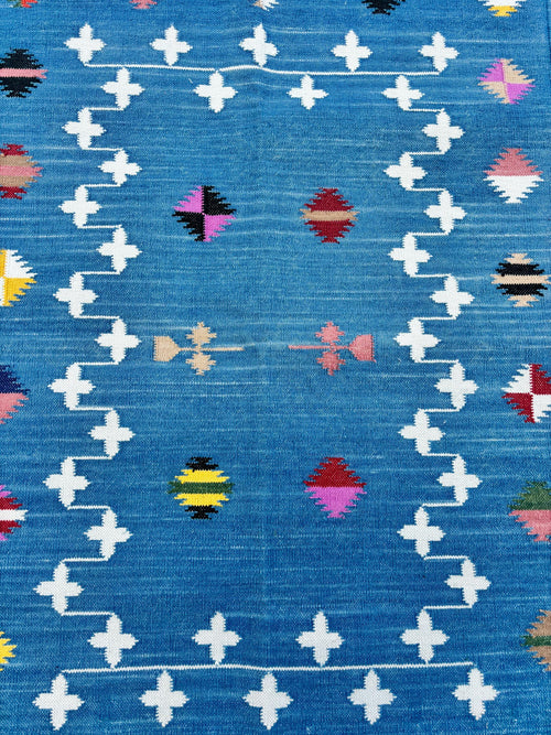Blue and White Shooting Star Handmade Cotton Area Flat Weave Rug, Hallway Floor Rug, Cotton Rug, Cotton Blue Color Rug.