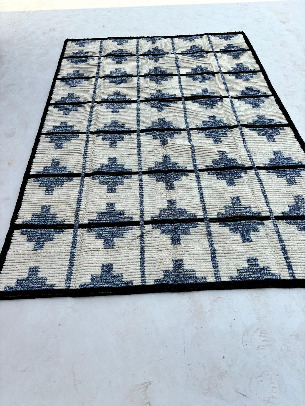 Handmade Moroccan Beni Rug Custom Azilal Berber Style Blue and White Wool Bedroom Area Rug Premium Handmade Wool Rug