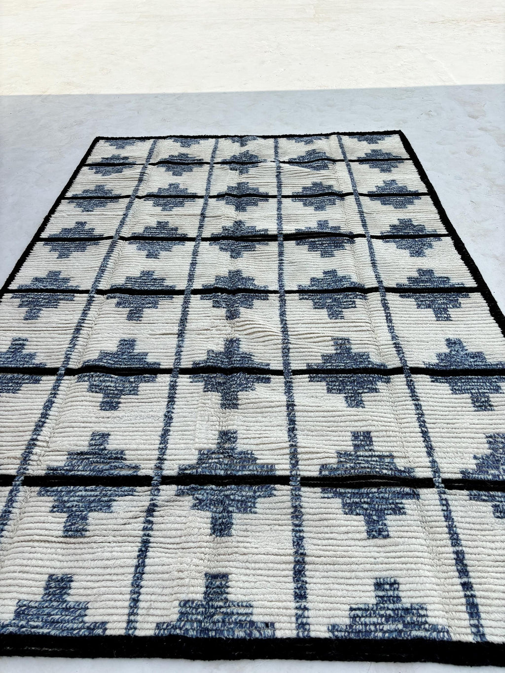 Handmade Moroccan Beni Rug Custom Azilal Berber Style Blue and White Wool Bedroom Area Rug Premium Handmade Wool Rug