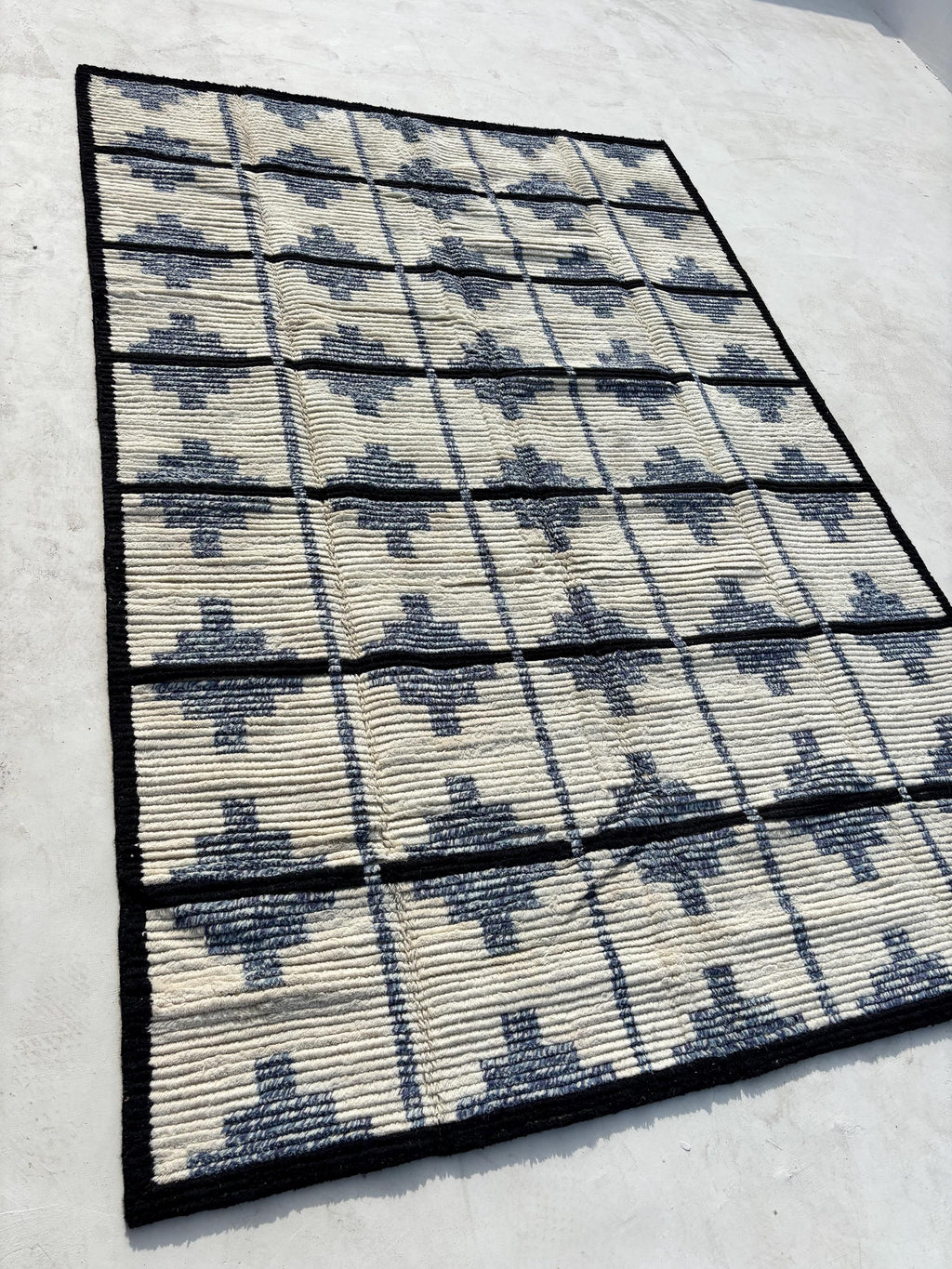 Handmade Moroccan Beni Rug Custom Azilal Berber Style Blue and White Wool Bedroom Area Rug Premium Handmade Wool Rug