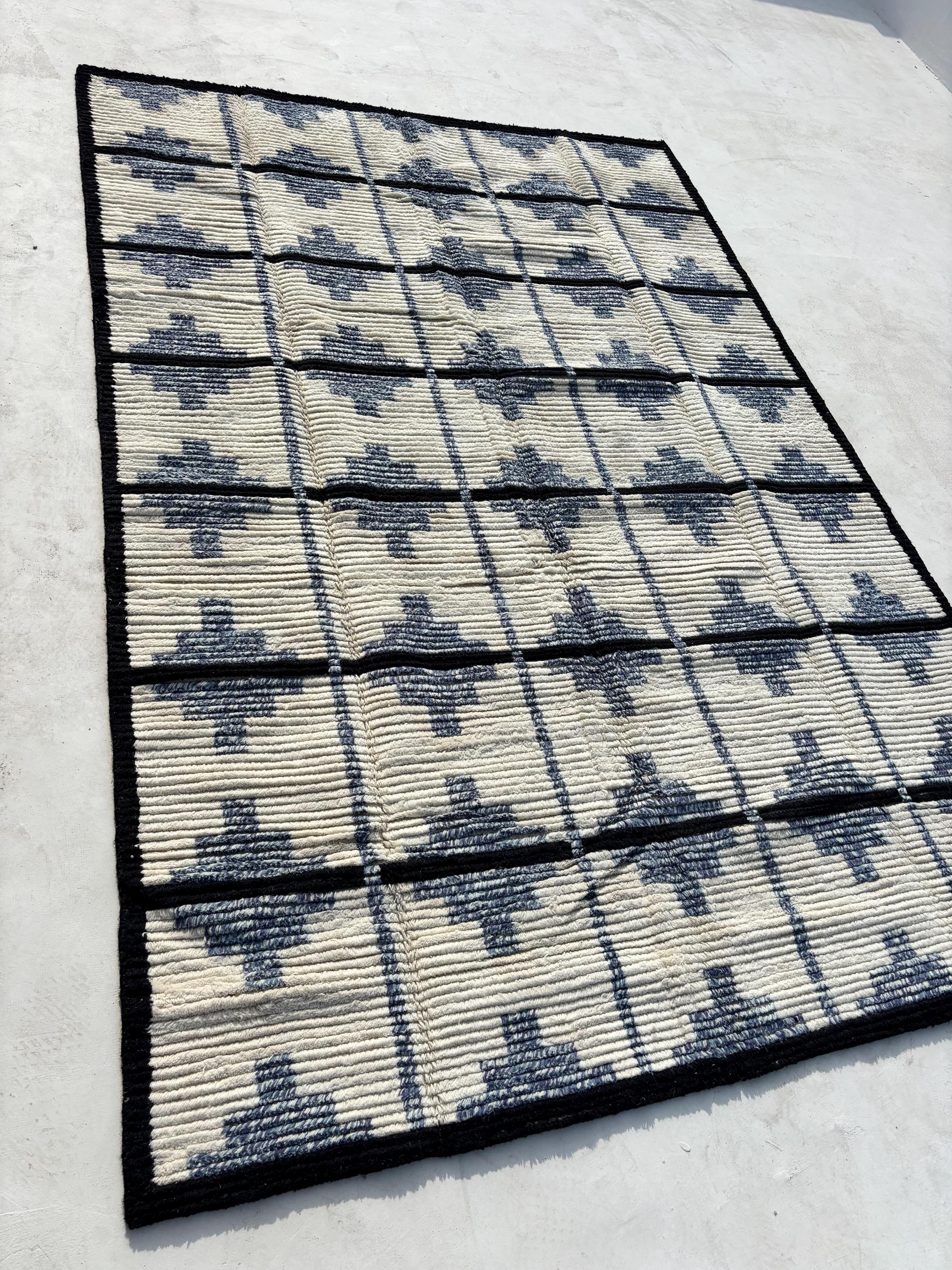 Handmade Moroccan Beni Rug Custom Azilal Berber Style Blue and White Wool Bedroom Area Rug Premium Handmade Wool Rug