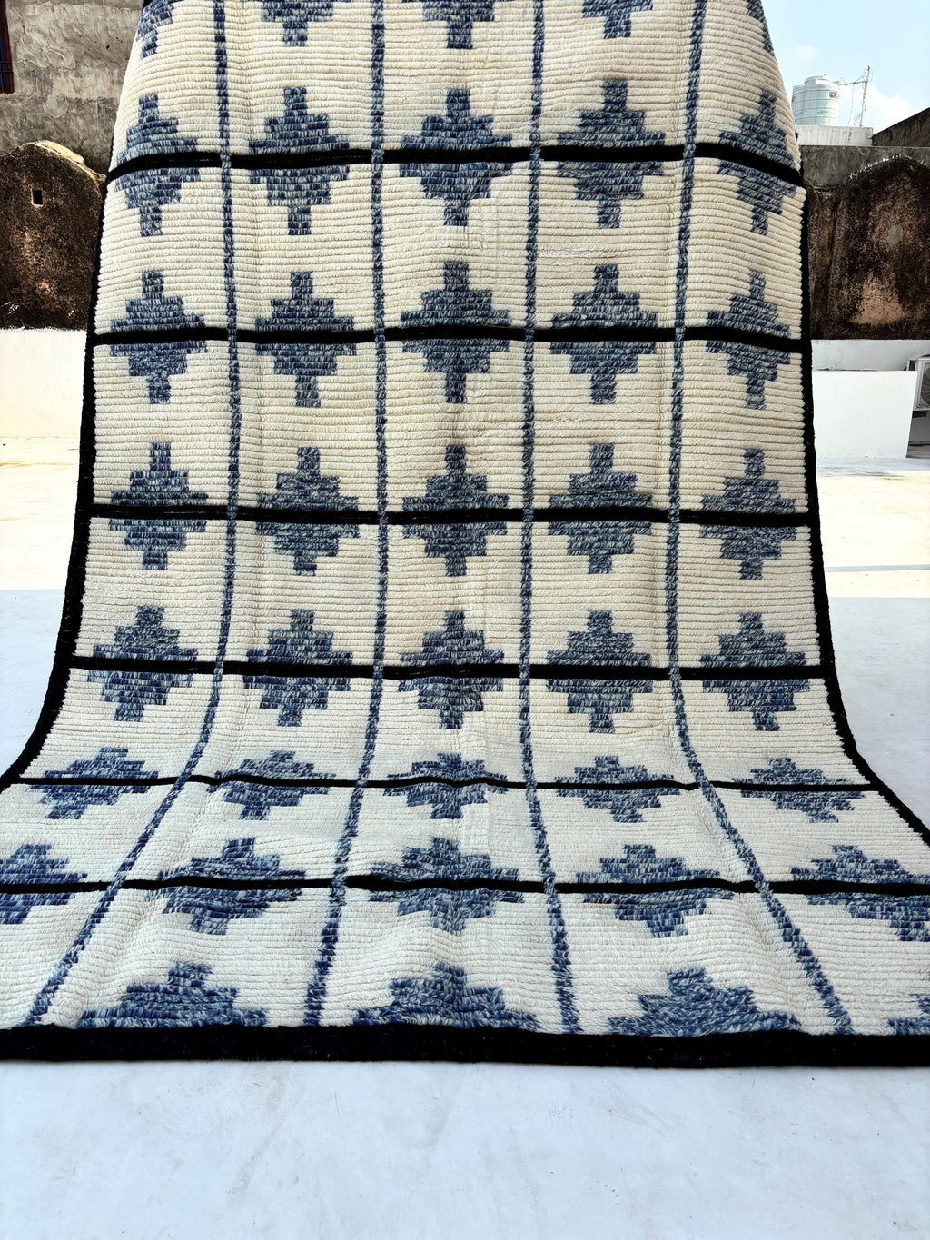 Handmade Moroccan Beni Rug Custom Azilal Berber Style Blue and White Wool Bedroom Area Rug Premium Handmade Wool Rug