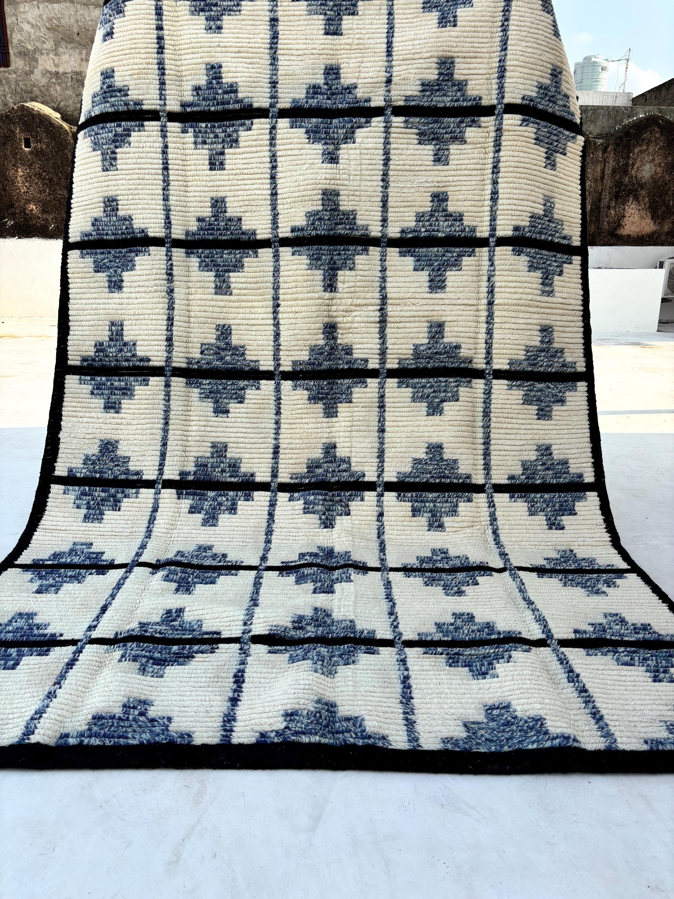 Handmade Moroccan Beni Rug Custom Azilal Berber Style Blue and White Wool Bedroom Area Rug Premium Handmade Wool Rug