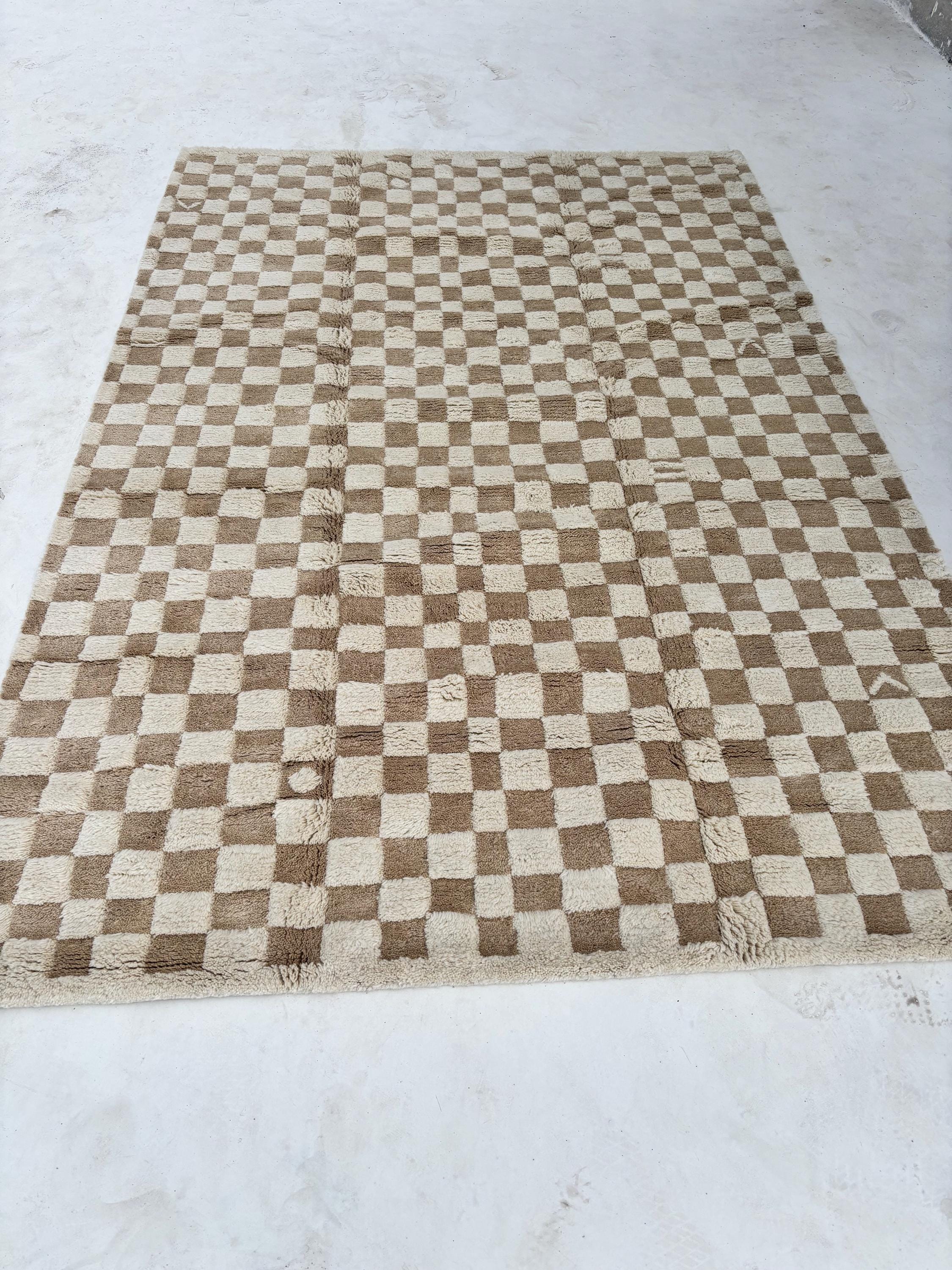 Moroccan Beni Ourain Checkered Rug 6x9 Beige Brown Handmade Berber Wool Living Room Area Rug Tribal Berber Carpet