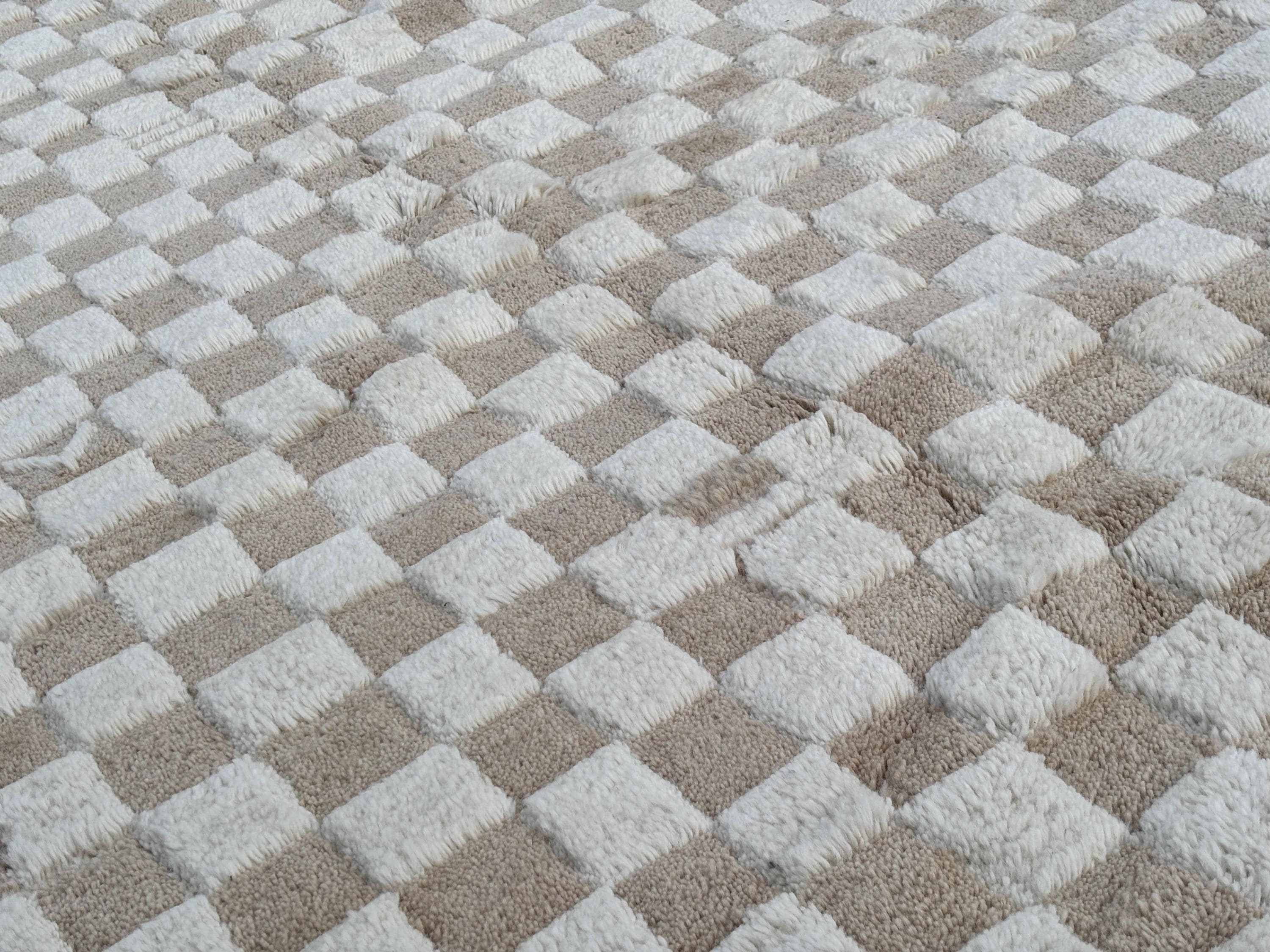 Moroccan Beni Ourain Checkered Rug 6x9 Beige Brown Handmade Berber Wool Living Room Area Rug Tribal Berber Carpet