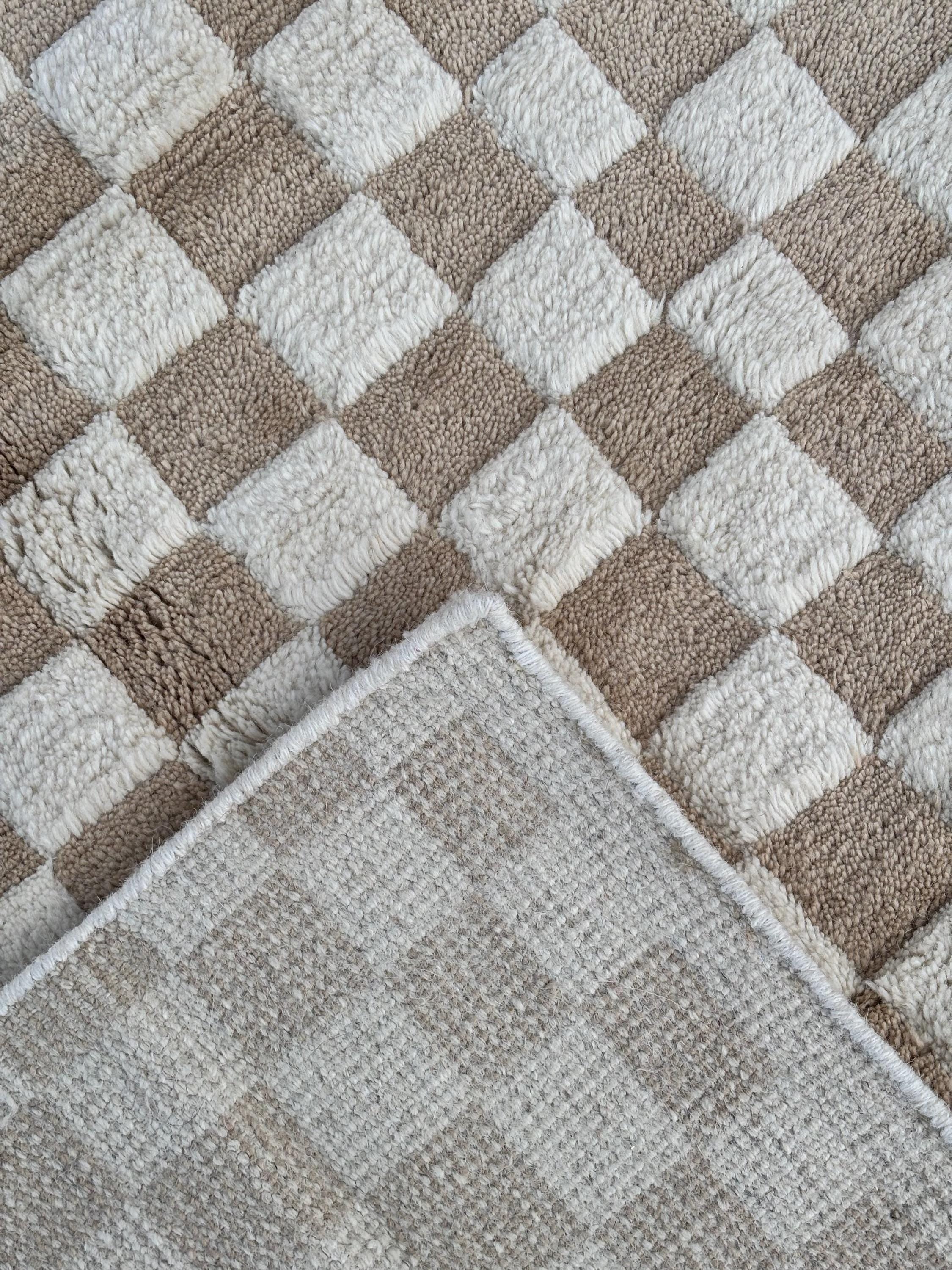 Moroccan Beni Ourain Checkered Rug 6x9 Beige Brown Handmade Berber Wool Living Room Area Rug Tribal Berber Carpet