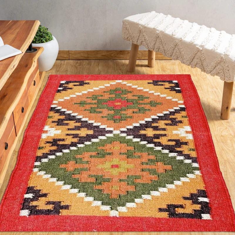 4 x 4 Ft - Jute\Wool Handwoven Kilim Rug, Handmade Vintage Area Rug for Eco-Friendly Home Decor All Costum Size